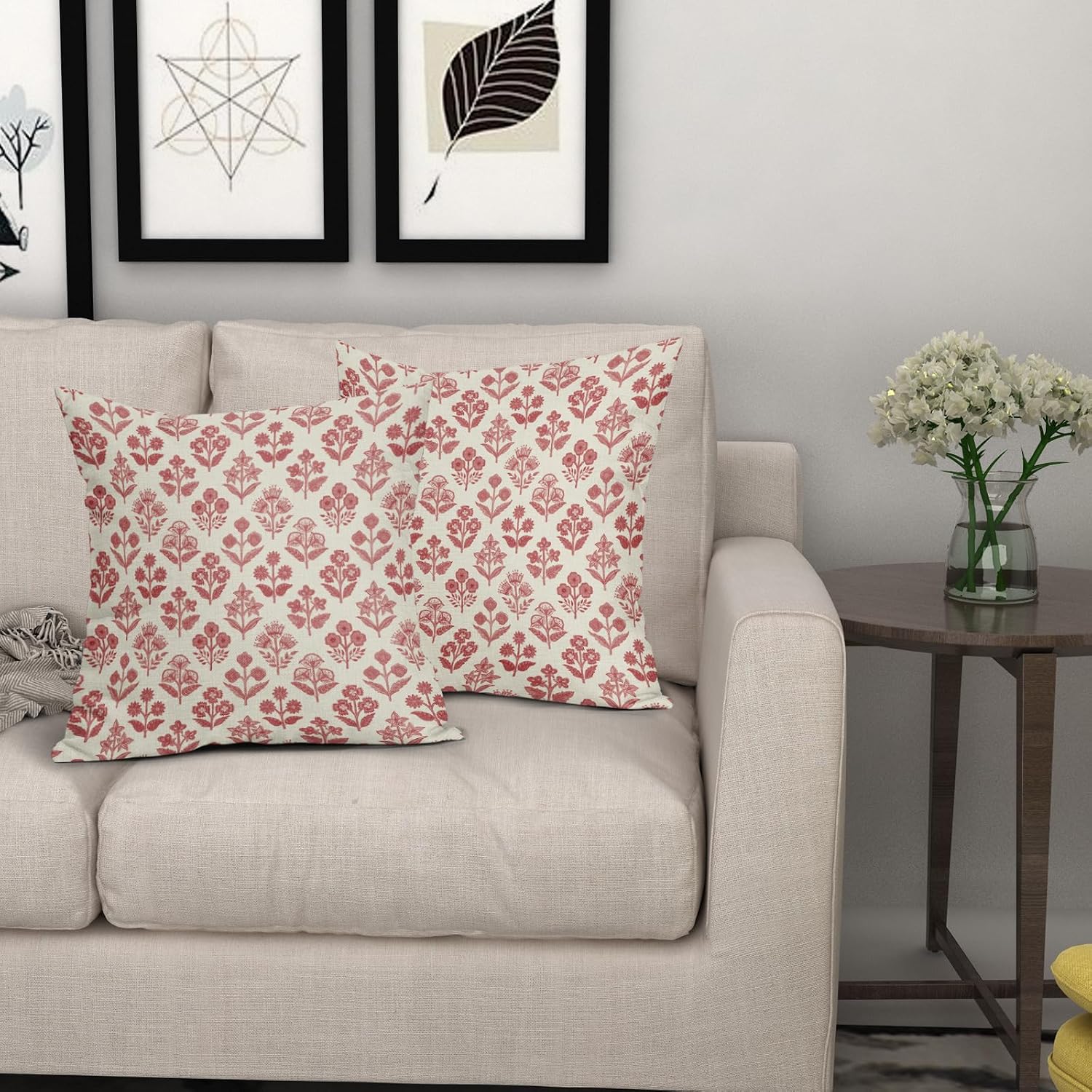 Red Floral Pillow Covers 24x24 Inch Set of 2, Vintage Flower Block Print Pattern Decorative Throw Pillowcases Outdoor Farmhouse Cushion…