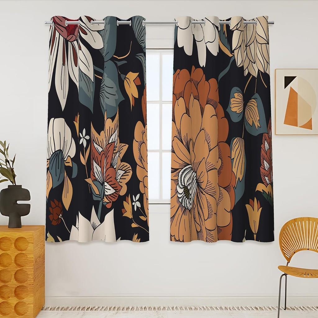 Tyrot Black Boho Floral 100% Blackout Curtains 45 Inch Long 2 Panels Mid Century Modern Botanical Grommet Thermal Insulated Room…