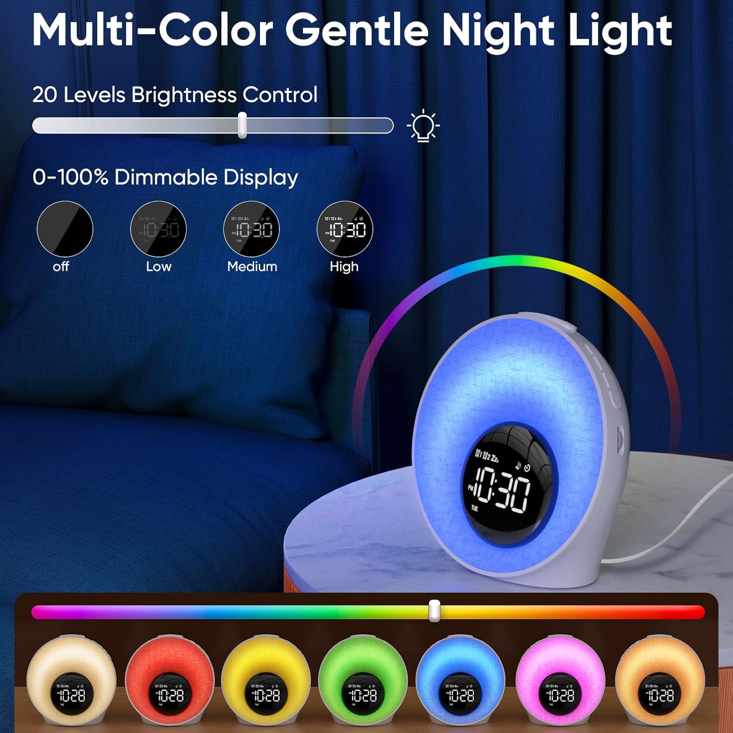 AFEXOA Sunrise Alarm Clock with Wake Up Light, White Noise Machine with 30 Soothing Sounds, 8 Color Dimmable Night Light, Dual Alarms for…