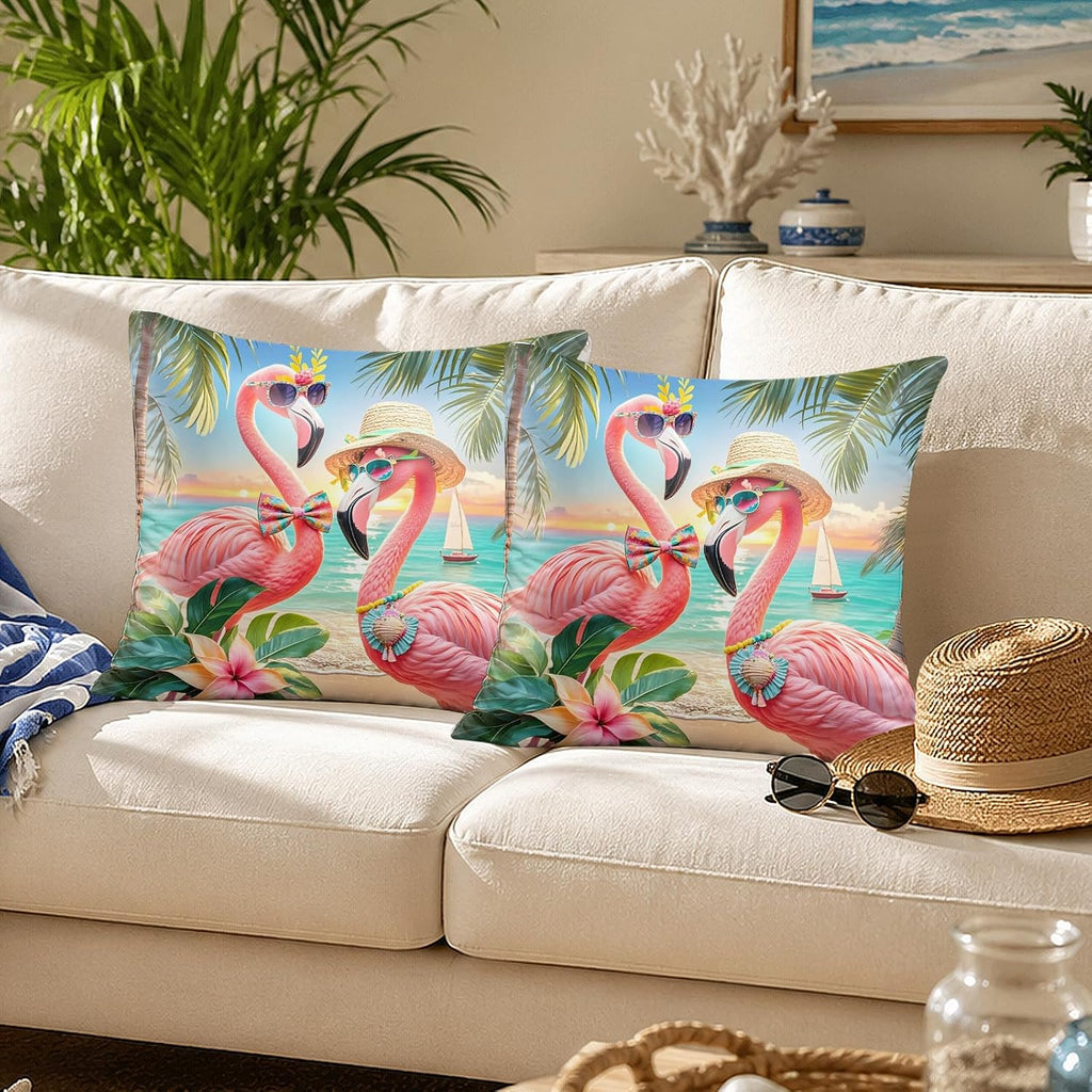 BlissYard Flamingo Beach Throw Pillow Covers 18x18 Set of 2 Tropical Decorative Pillow Covers Coastal Summer Cushion Covers Pink Flamingo…