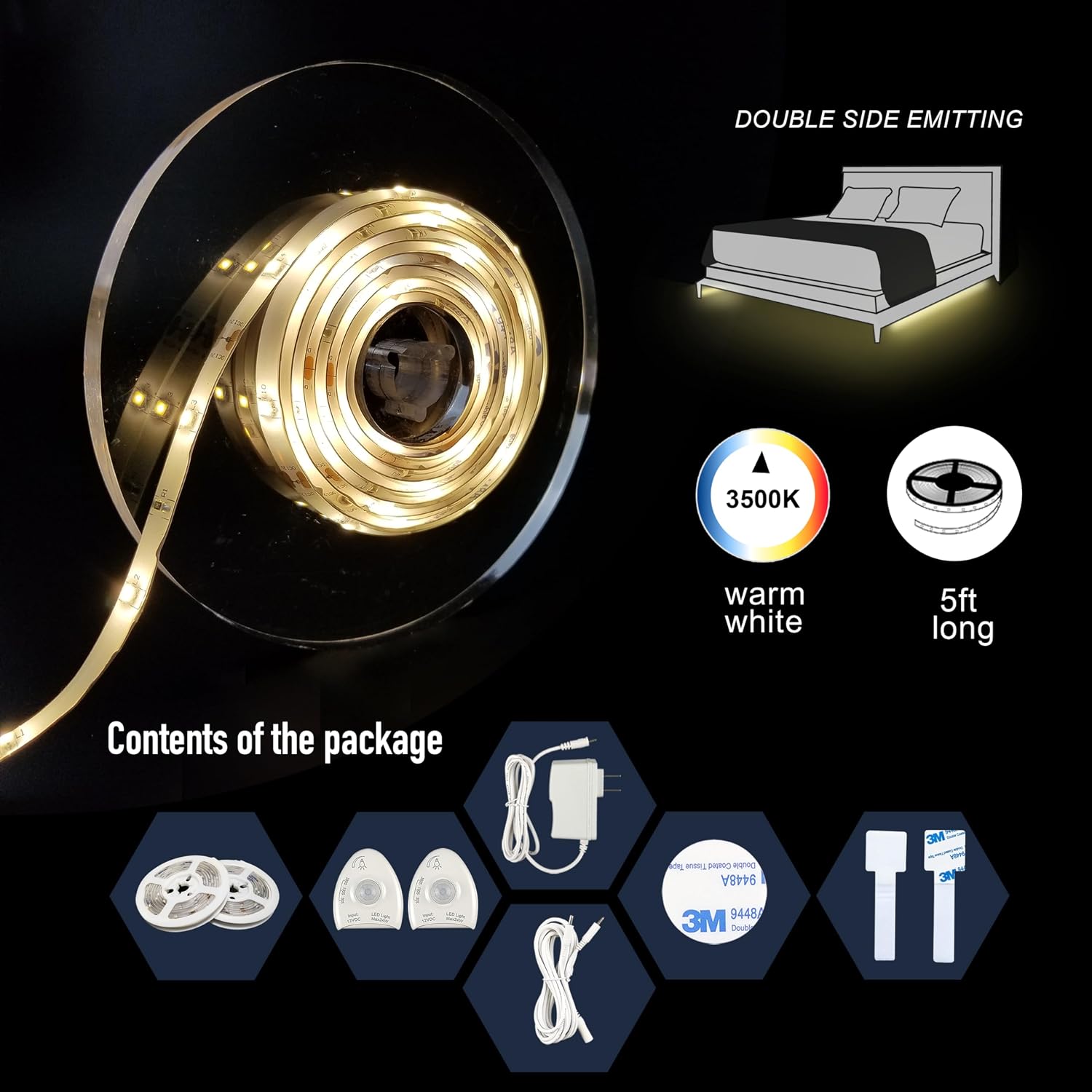 Under Bed Lights Motion Sensor, Motion Activated Bed Lighting,12V Power Adapter, Dimmable LED Strip Night Light for…