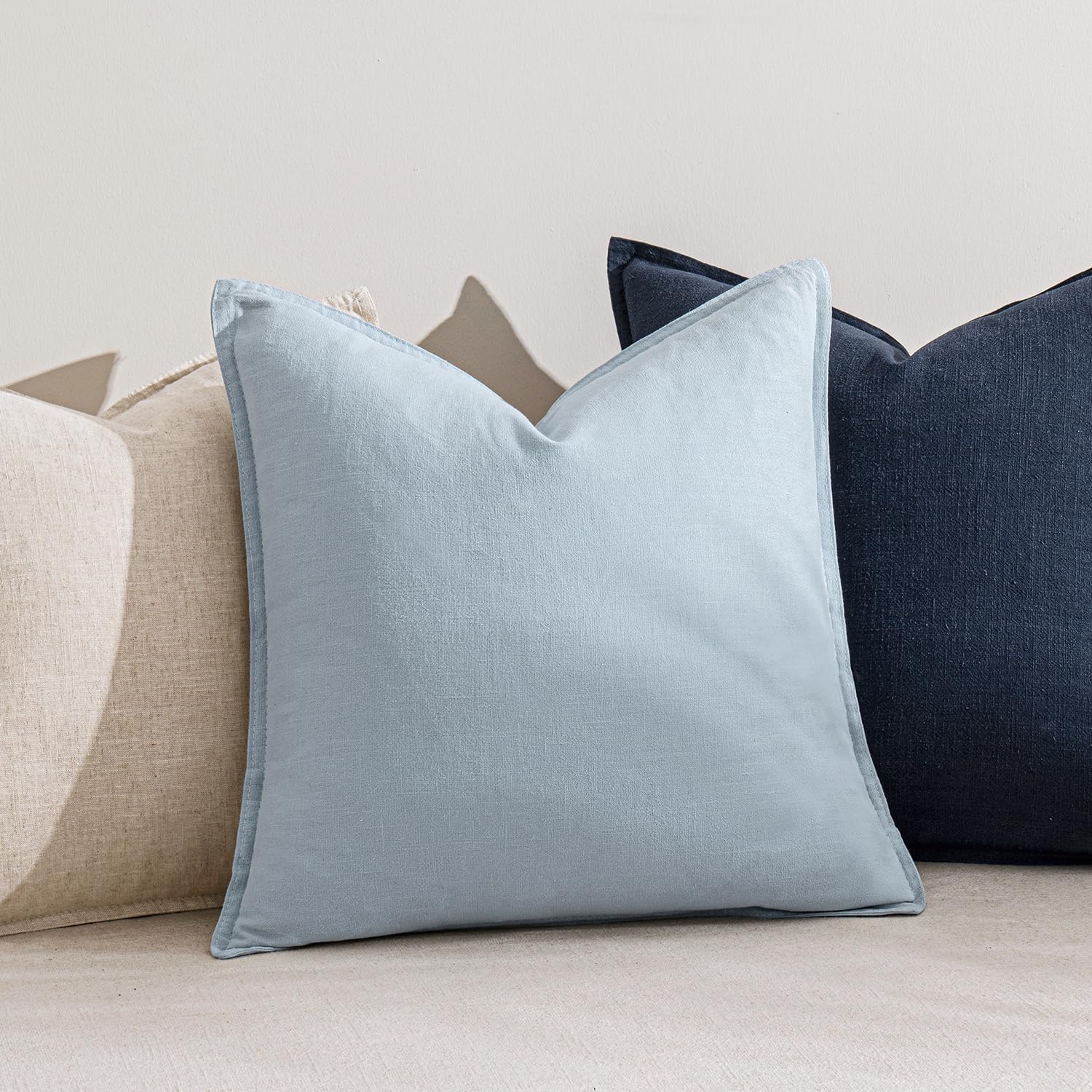 Anroduo Pack of 2 Decorative Linen Pillow Covers Light Blue Neutral Farmhouse Boho Soild Cushion Case Soft Accent Pillowcase for Couch Sofa…