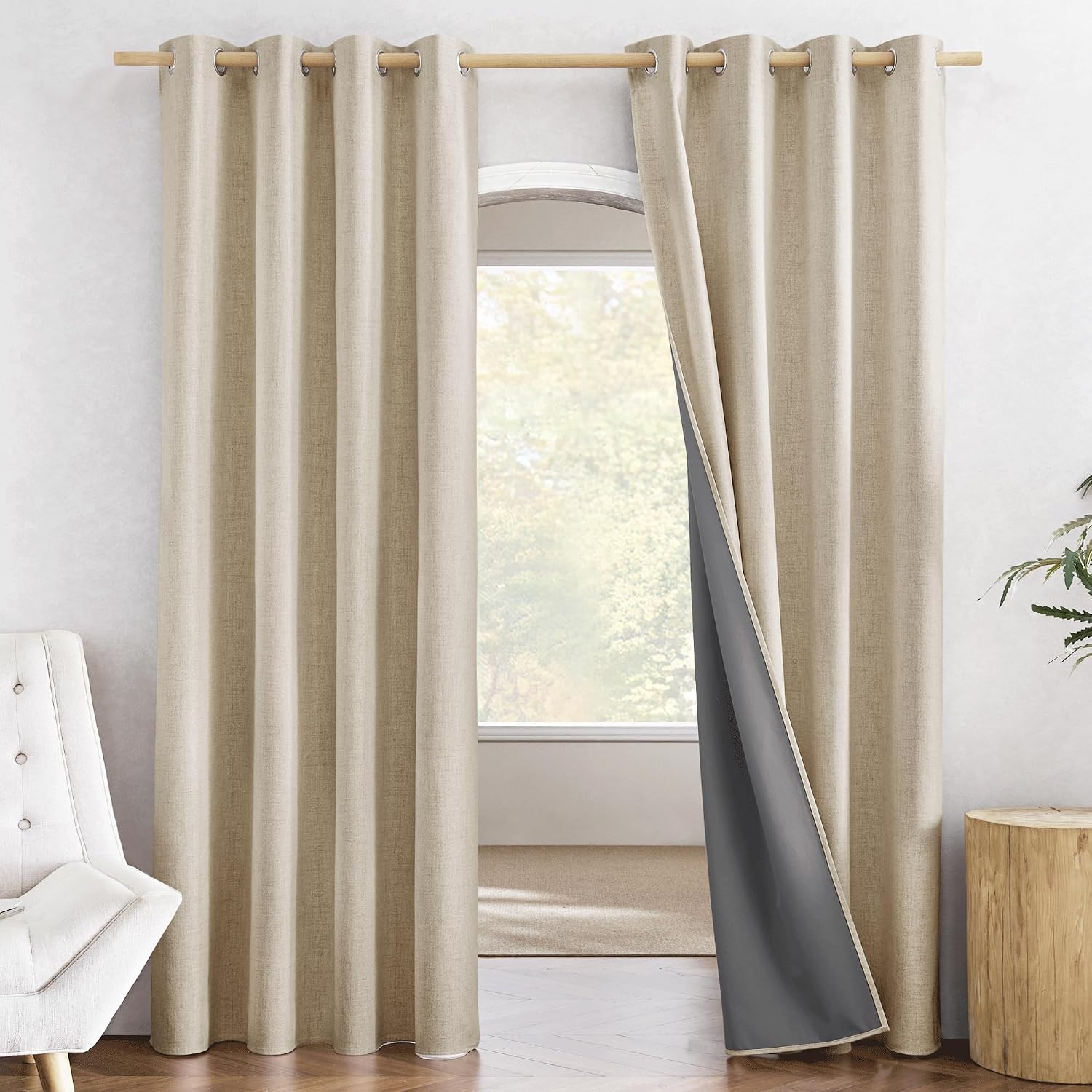 NICETOWN Farmhouse Style 100% Blackout Cream Linen Curtains 90 inches Length, 2 Panels, 52" W, Room Cooling Window Draperies with Thermal…