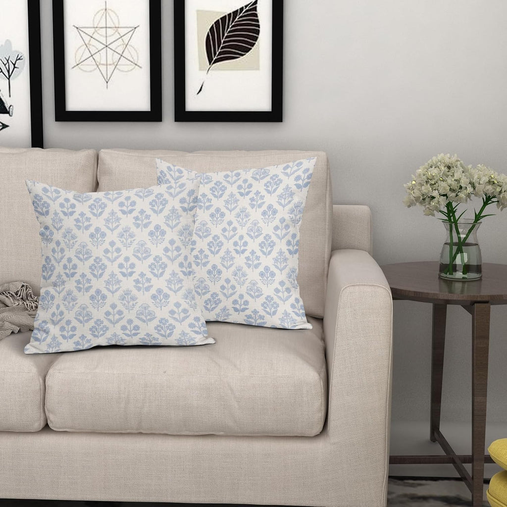 Baby Blue Floral Pillow Covers 16x16 Inch Set of 2, Vintage Flower Block Print Pattern Decorative Throw Pillowcases Outdoor Farmhouse…