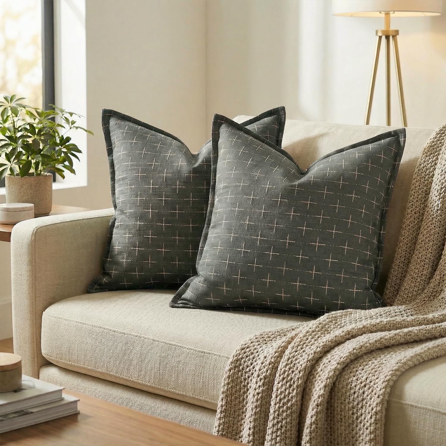 AVOINcolorlife AVOIN colorlife Pack of 2 Decorative Throw Pillow Covers 16x16 Inch, Flange Edges Woven Textured Cushion Case Home Decor for…