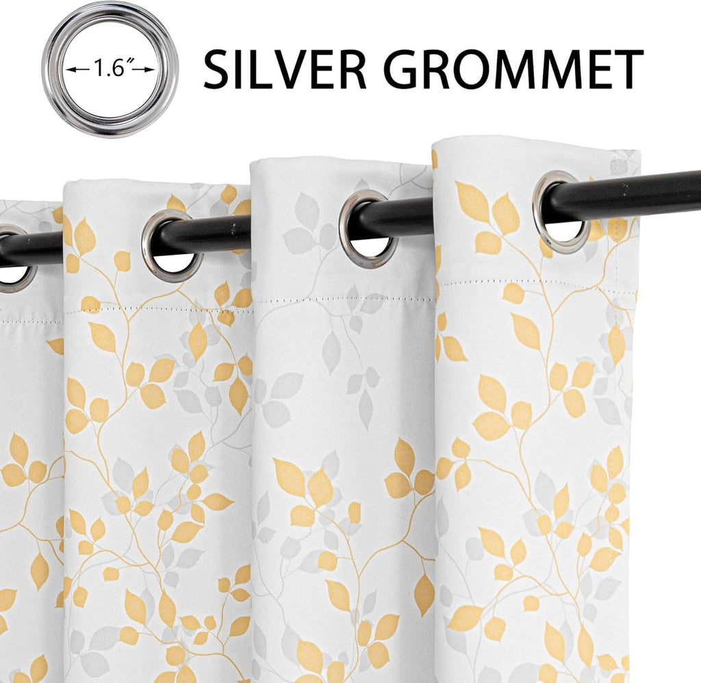 Meetsky 95% Blackout Curtains for Living Room 2 Panel Set - Room Darkening Thermal Insulated Grommet Window Drapes, Yellow Grey Leaf Printe…