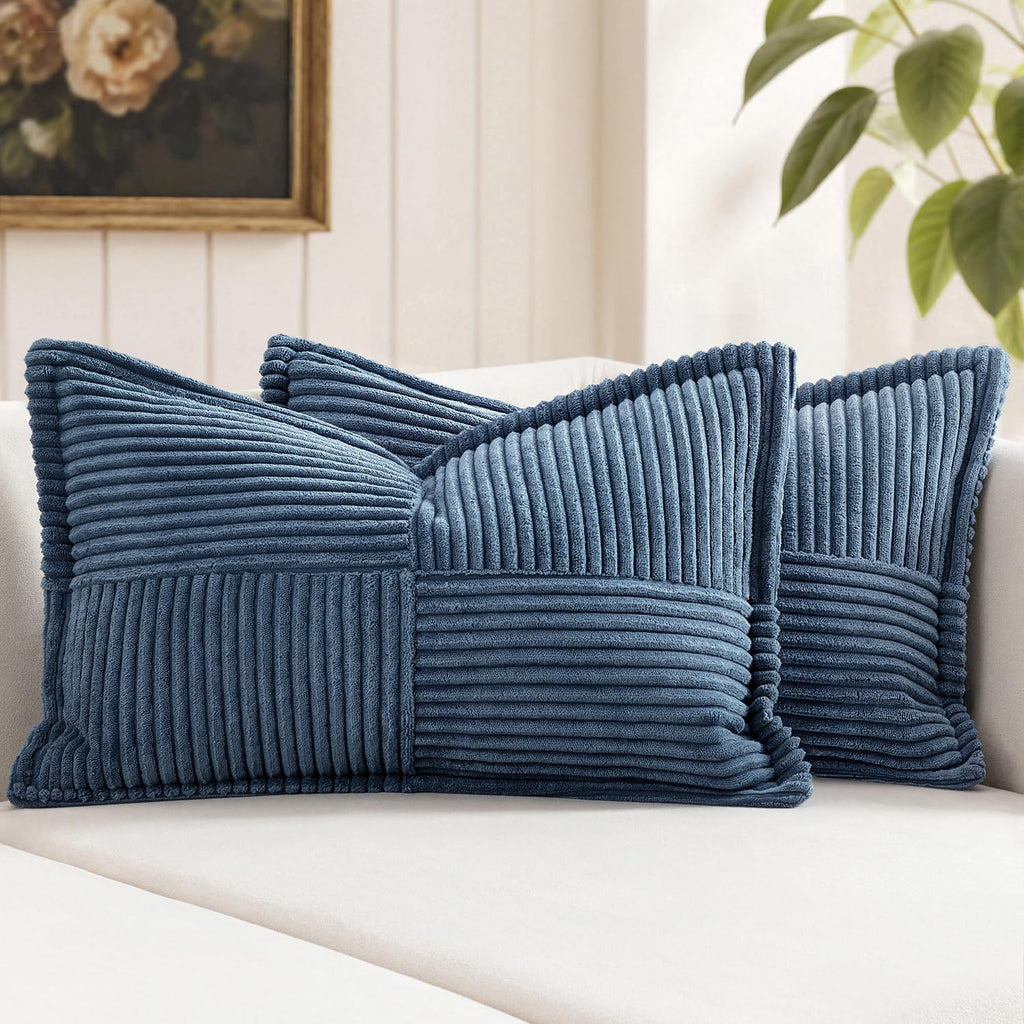 MIULEE Blue Corduroy Lumbar Pillow Covers 12x20 Inch 12x20 Inch with Splicing Set of 2 Soft Boho Pillow Covers Broadside Decorative…