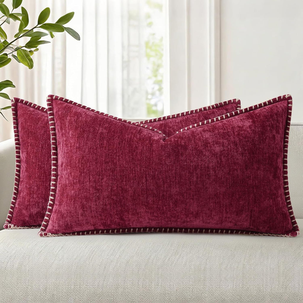 decorUhome Chenille Soft Cozy Throw Pillow Covers 12x20 Set of 2, Modern Farmhouse Boho Velvet Decorative Pillow Cases with Stitched Edge f…