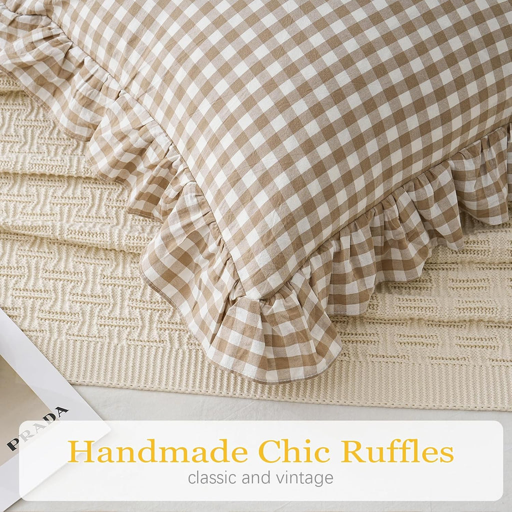 Qilunn 2 Pack Taupe/Brown Plaid Ruffle Throw Pillow Covers Farmhouse Checkered Chic Washed Cotton Pillowcases Gingham Pillow Shams for Bed,…