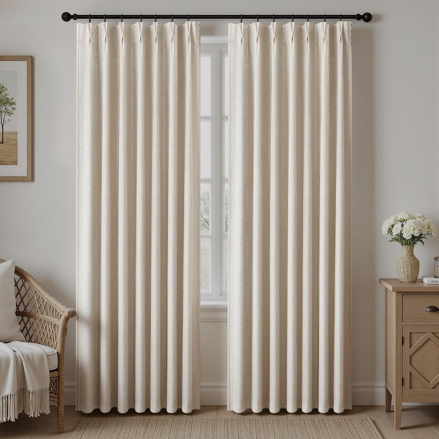 XOGUIBO Pinch Pleated Look Blackout Curtains 84 Inch Length, 2 Panels Linen Textured Boho Neutral Drapes for Living Room Bedroom Far…