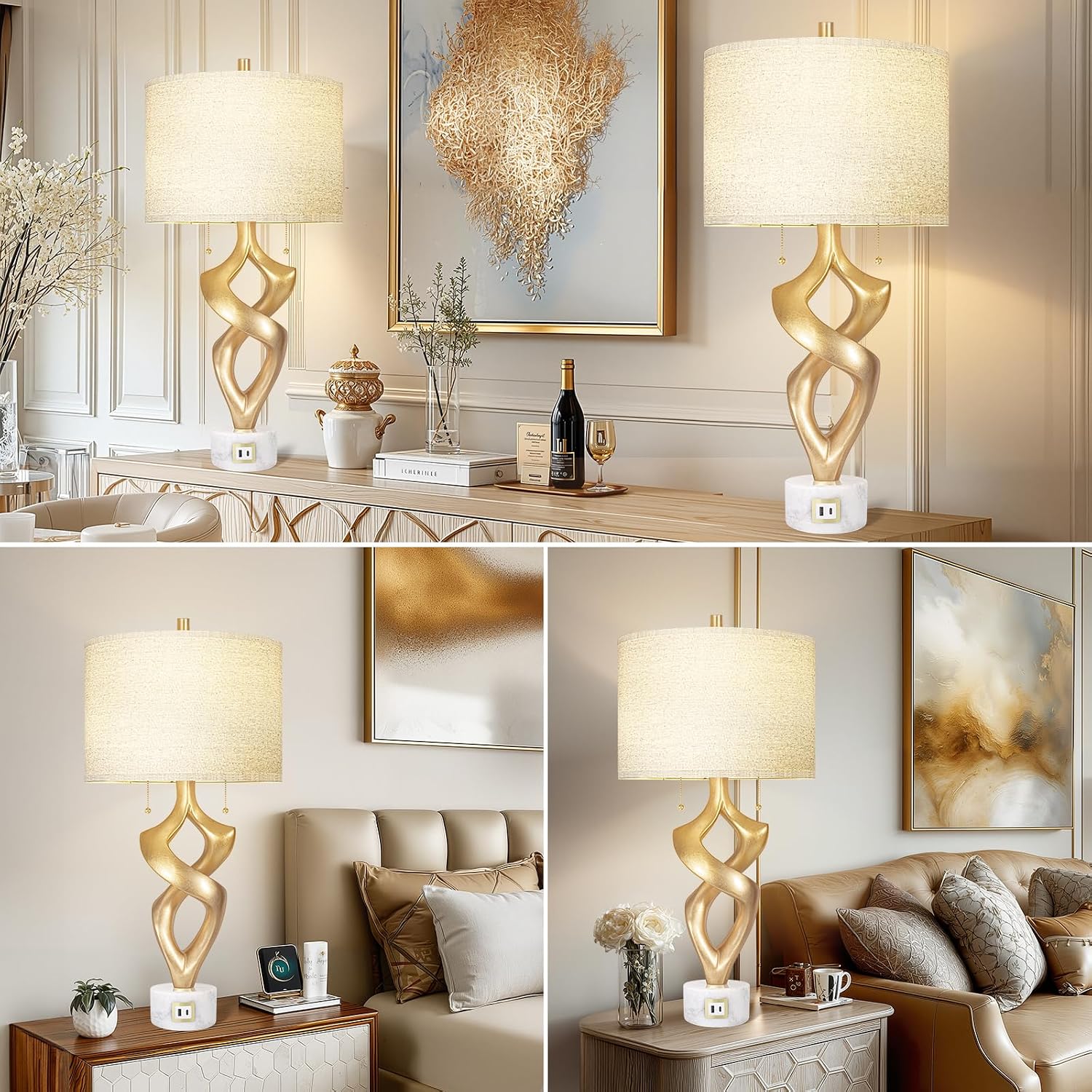 Scenekoy Sculptural Resin Table Lamp Set of 2 with USB Ports for Bedroom Living Room, 31” Big Gold Leaf Marble Base Bedside Lamps, Pull…