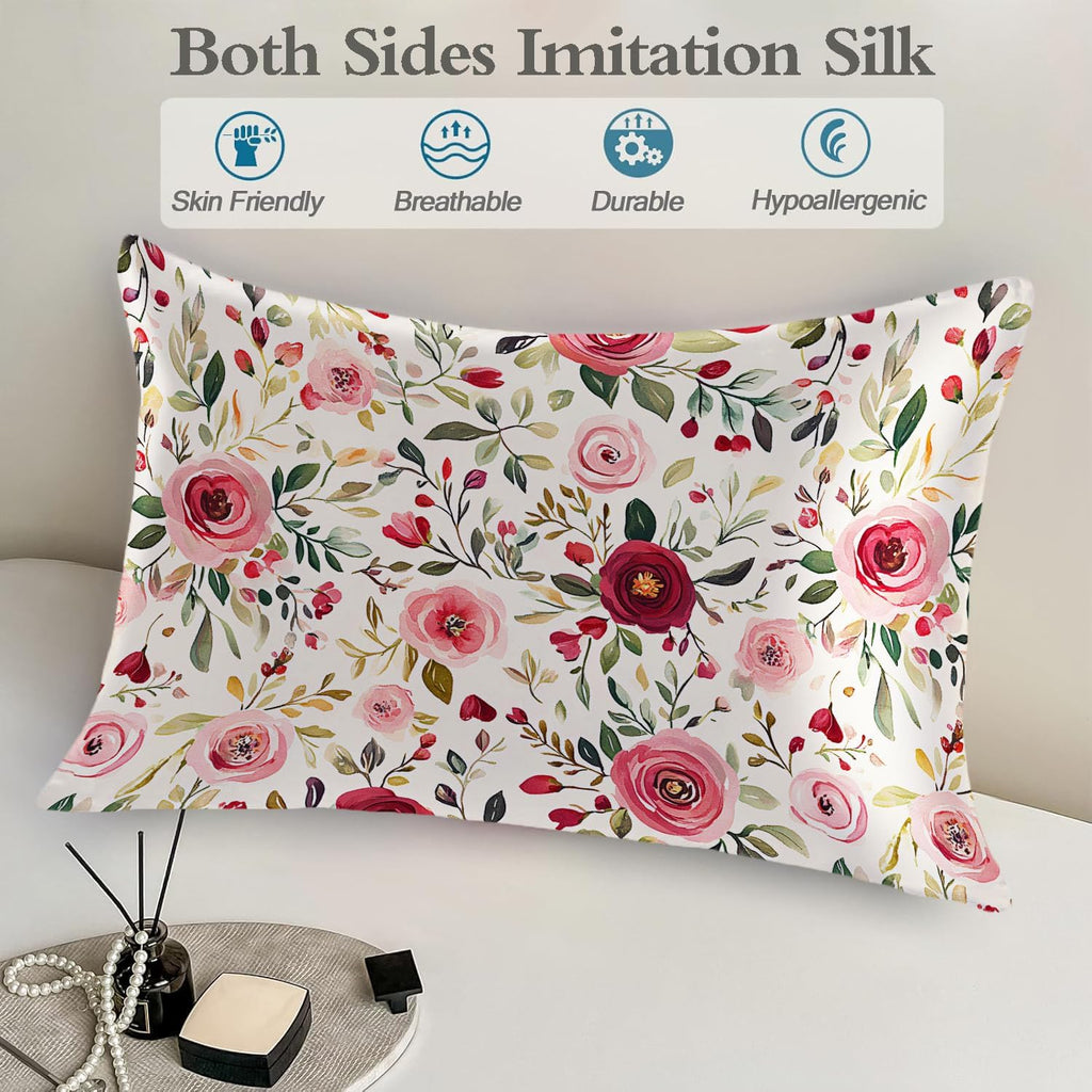 Satin Pillowcase for Hair and Skin Watercolor Floral Pink and Red Roses Super Soft and Cooling Similar to Silk Pillow Case 1 Pack with…