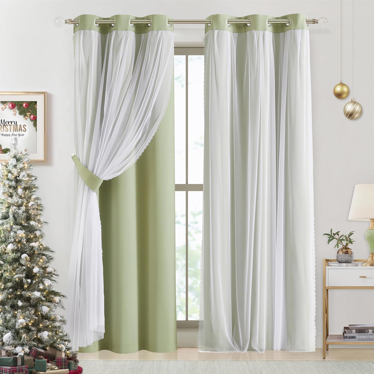 Bujasso Sage Green 90% Blackout Curtains with Sheer Overlay Mix and Match Double Layer Thermal Insulated Window Panels 84 inch Living Room…