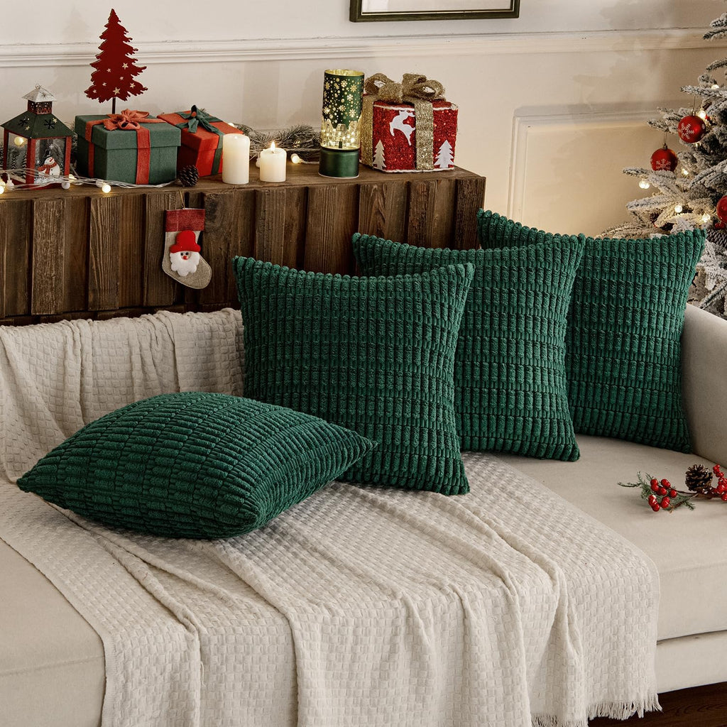 Miulee Pack of 4 Christmas Dark Green Corduroy Decorative Throw Pillow Covers 18x18 Inch Soft Boho Striped Pillow Covers Modern Farmhouse H…
