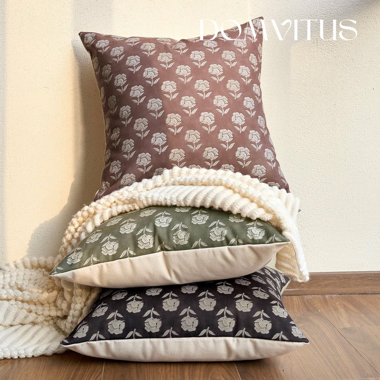 Domvitus Floral Pillow Covers 18x18 Throw Pillow Covers Decorative Farmhouse Block Floral Print Vintage Pillow Cover for Living Room Couch…