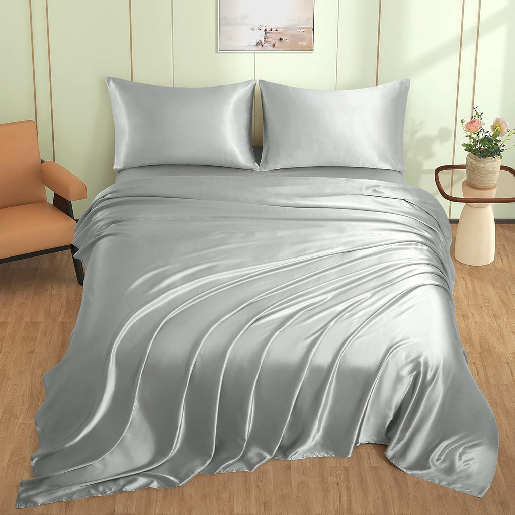 VACVELT 4pcs Silver Grey Satin Sheets Full Size Bed Set, 15 Inch Deep Pocket Silky Satin Sheet Set, Soft Satin Bedding Set Cooling &…