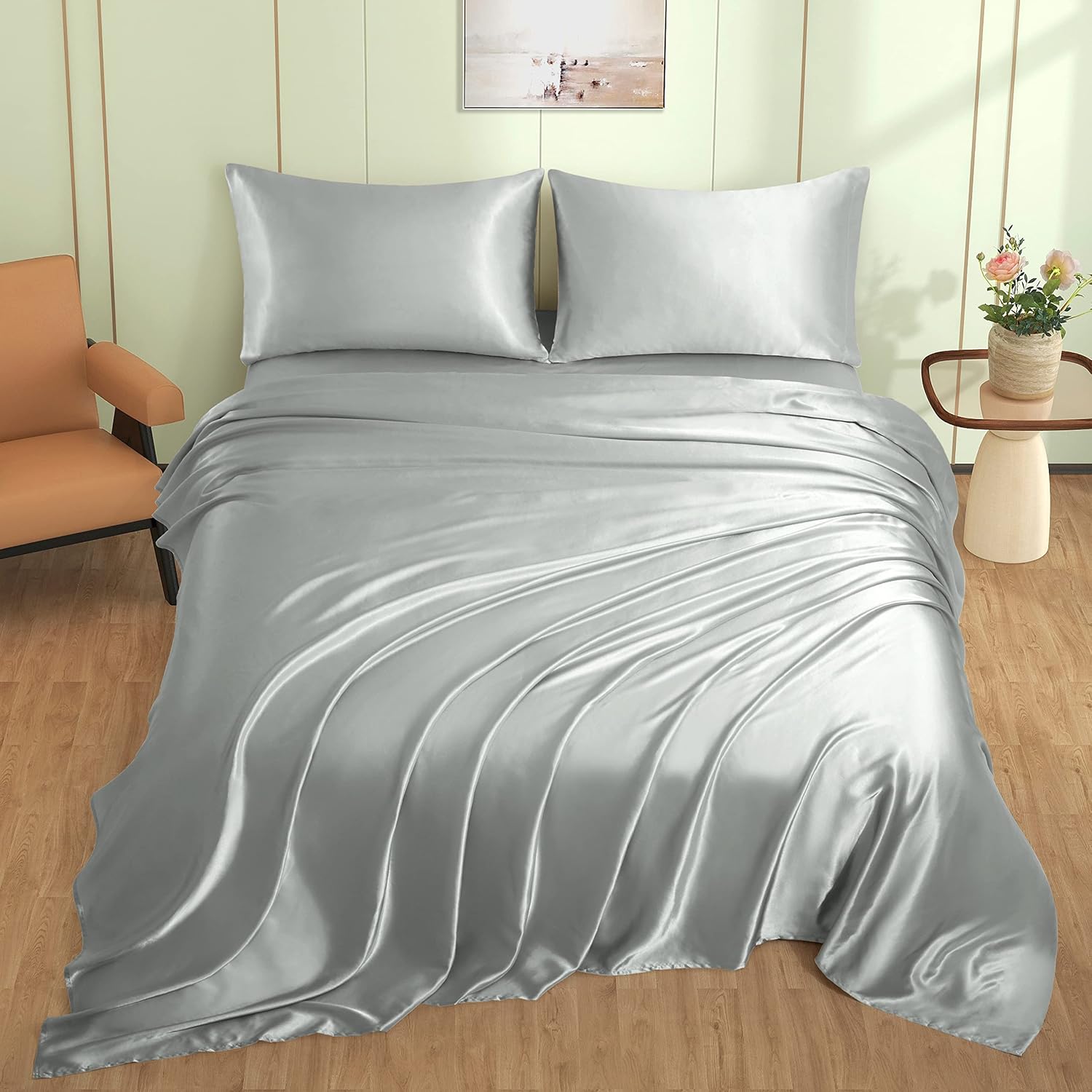 VACVELT 4pcs Silver Grey Satin Sheets Full Size Bed Set, 15 Inch Deep Pocket Silky Satin Sheet Set, Soft Satin Bedding Set Cooling &…