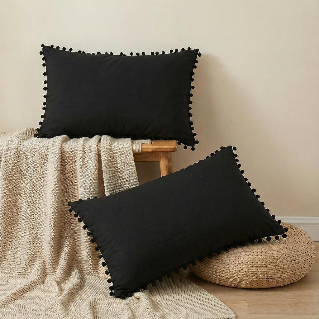 Moveover Move Over Black Pillowcases King Size Set of 2 Pom Pom Pillow Cases Soft Washed Microfiber Boho Pillow Cover Black Decorative Pill…