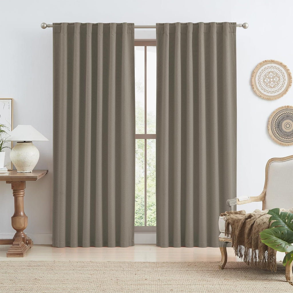 Keqiaosuocai Taupe Blackout Linen Curtain Panels Back Tab, Privacy Protect Full Light Blocking Out Draperies 84 Inch Long, Hook Belt Pleate…