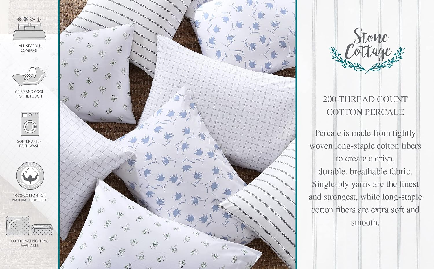 StoneCottage Stone Cottage - King Sheets, Cotton Percale Bedding Set, Crisp & Cool Ideal Bedding Set (Mae, King) (Pack of 6) Cotton pink