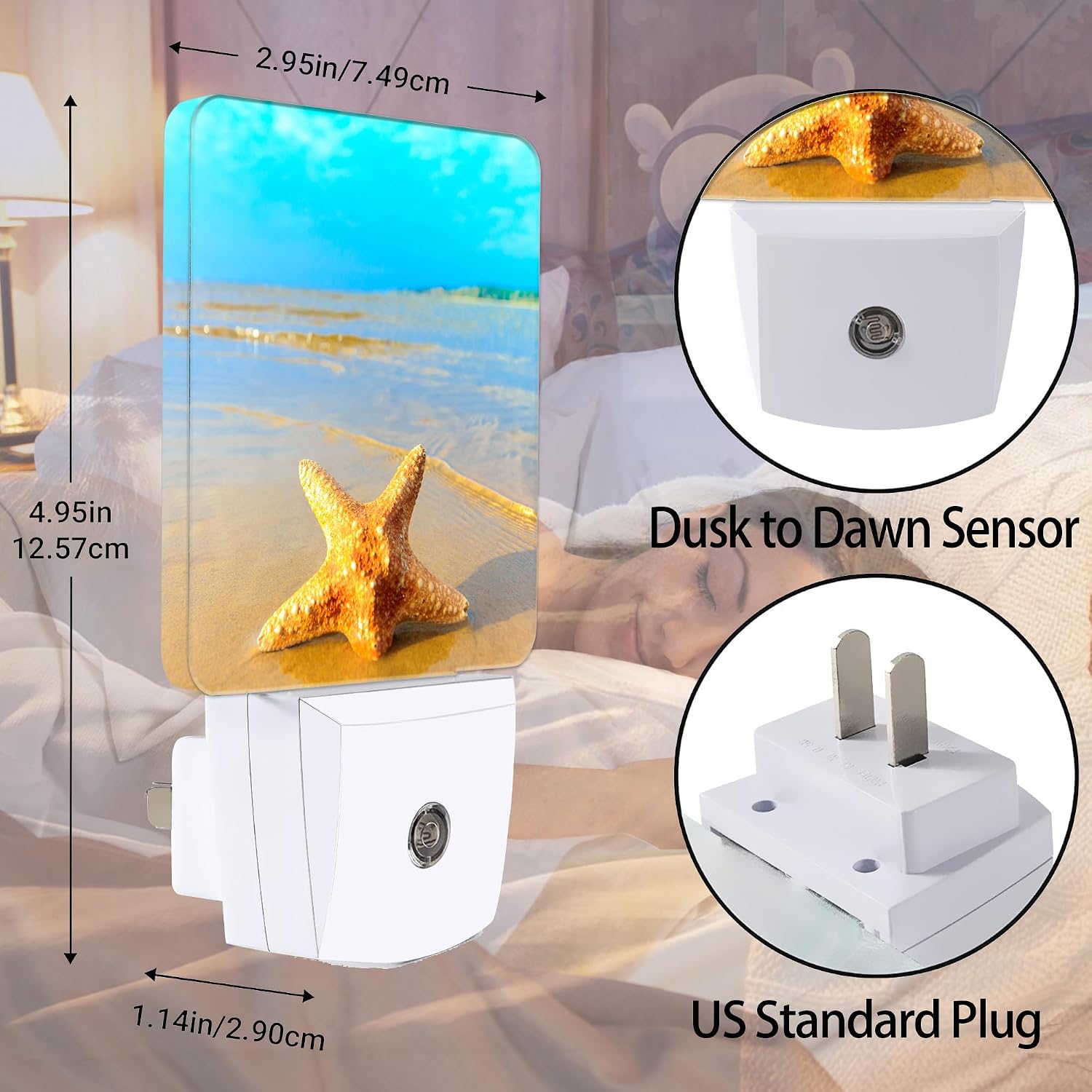 Yellow Starfish on Beach Night Light, Dusk to Dawn Smart Sensor Nightlight for Bedroom Bathroom Kitchen Hallway Stairs Hallway, Plug-in…