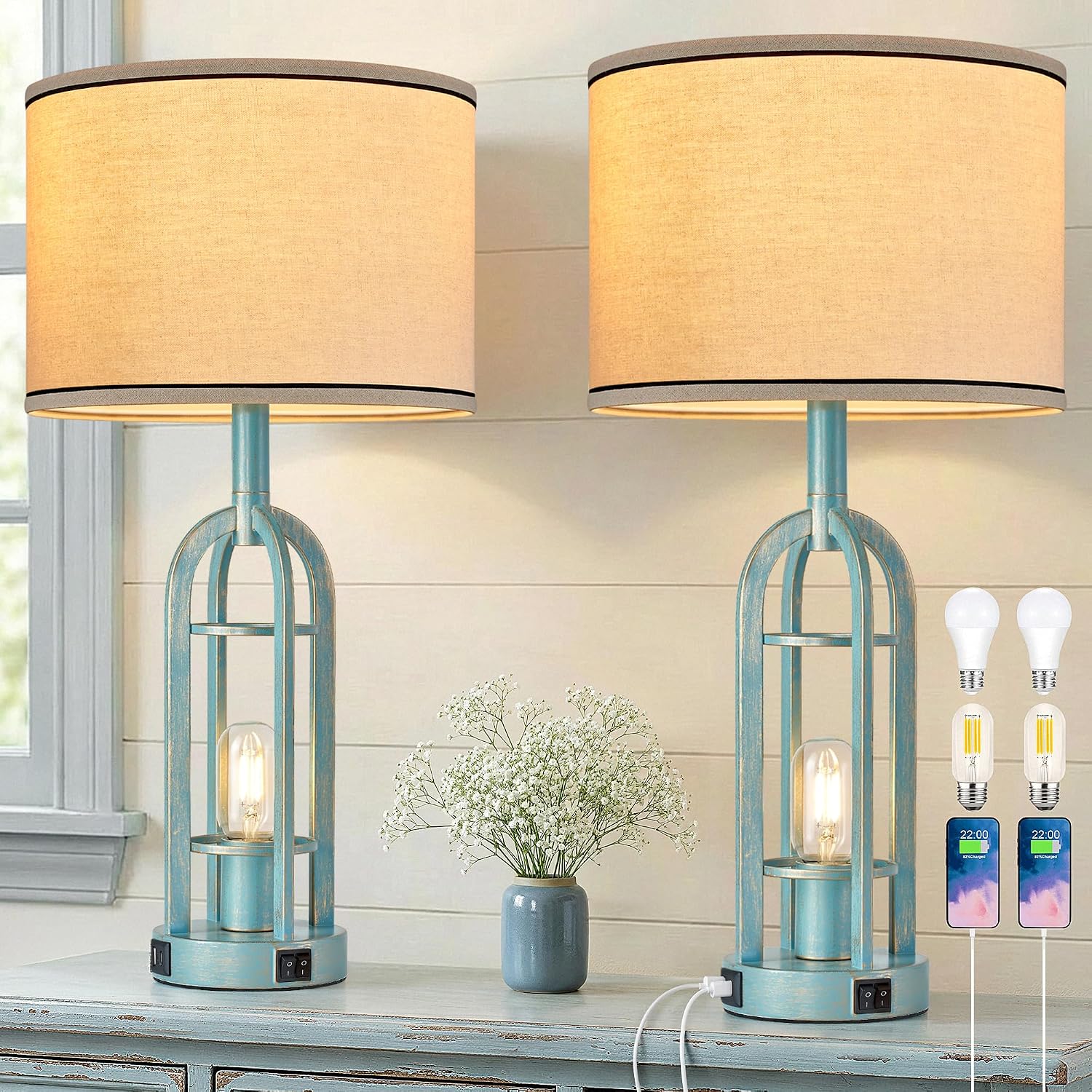 SRJJA Table Lamps for Living Room Set of 2 - Modern Farmhouse Lamps for Night Stands with Night Light & USB A+C, 24" Vintage Bedside Lamp…