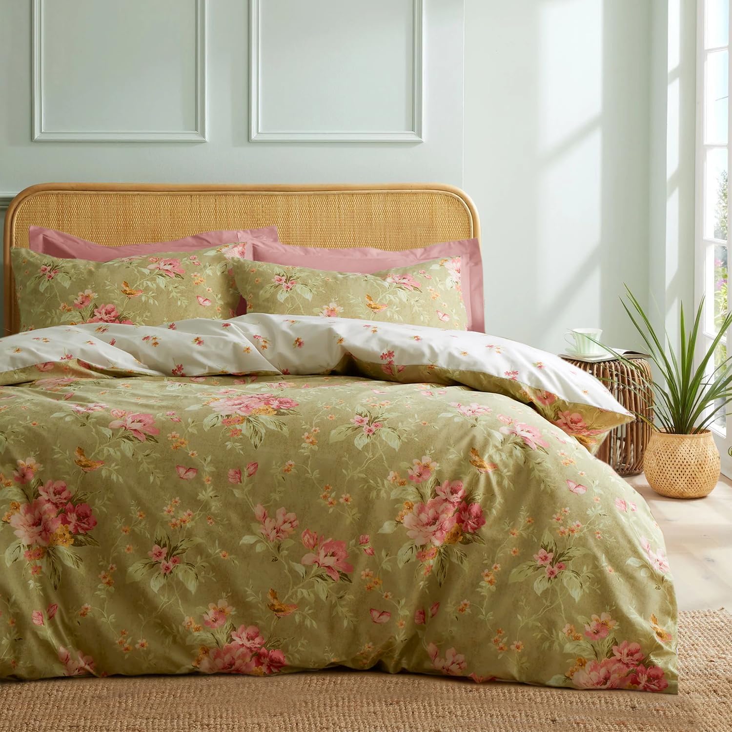 mixinni Duvet Cover King Size, Long Staple Cotton Reversible Green Floral Duvet Cover Set with Zipper Ties, 3 Pieces Botanical Pink Flowers…