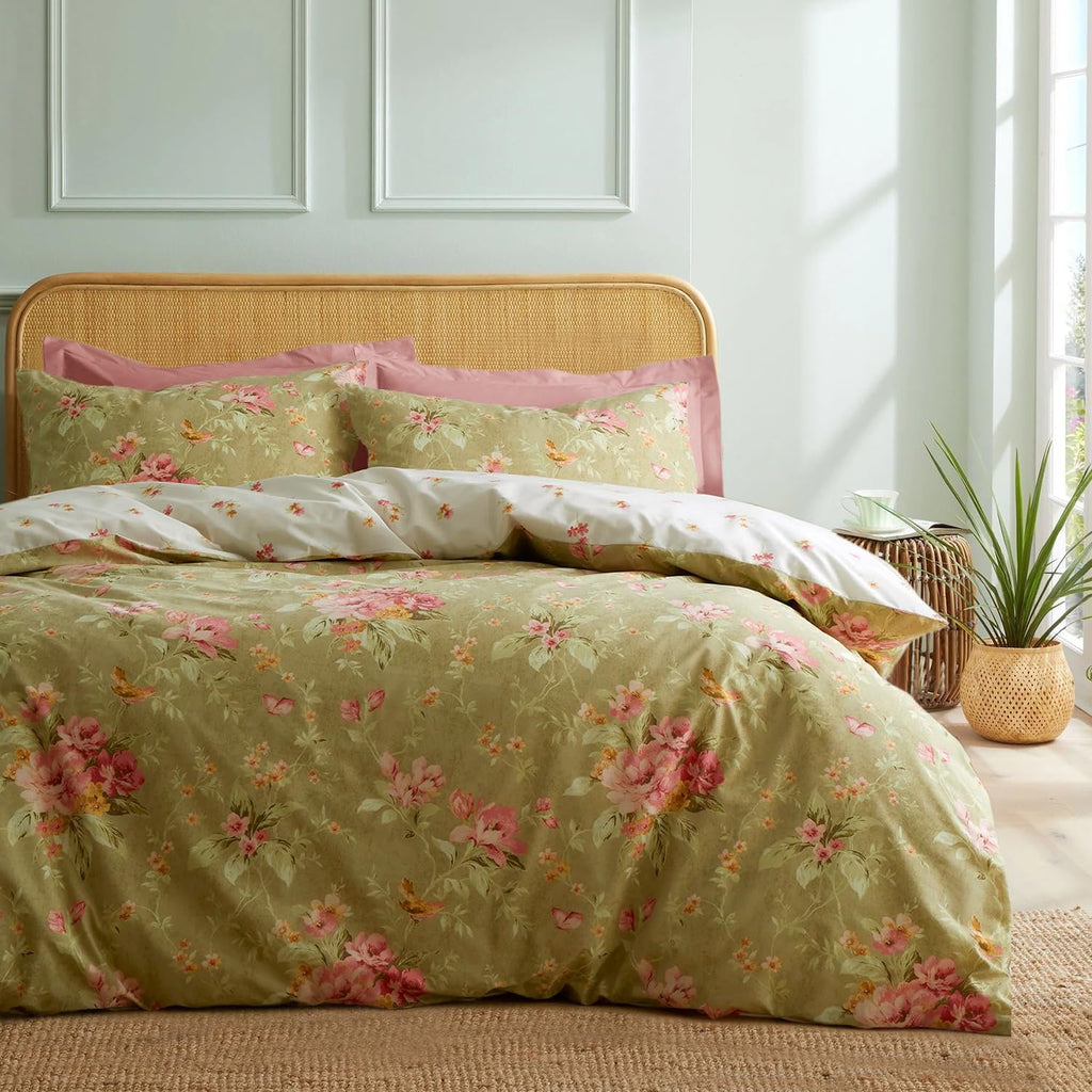 mixinni Duvet Cover Queen Size, Long Staple Cotton Reversible Green Floral Duvet Cover Set with Zipper Ties, 3 Pieces Botanical Pink Flower…