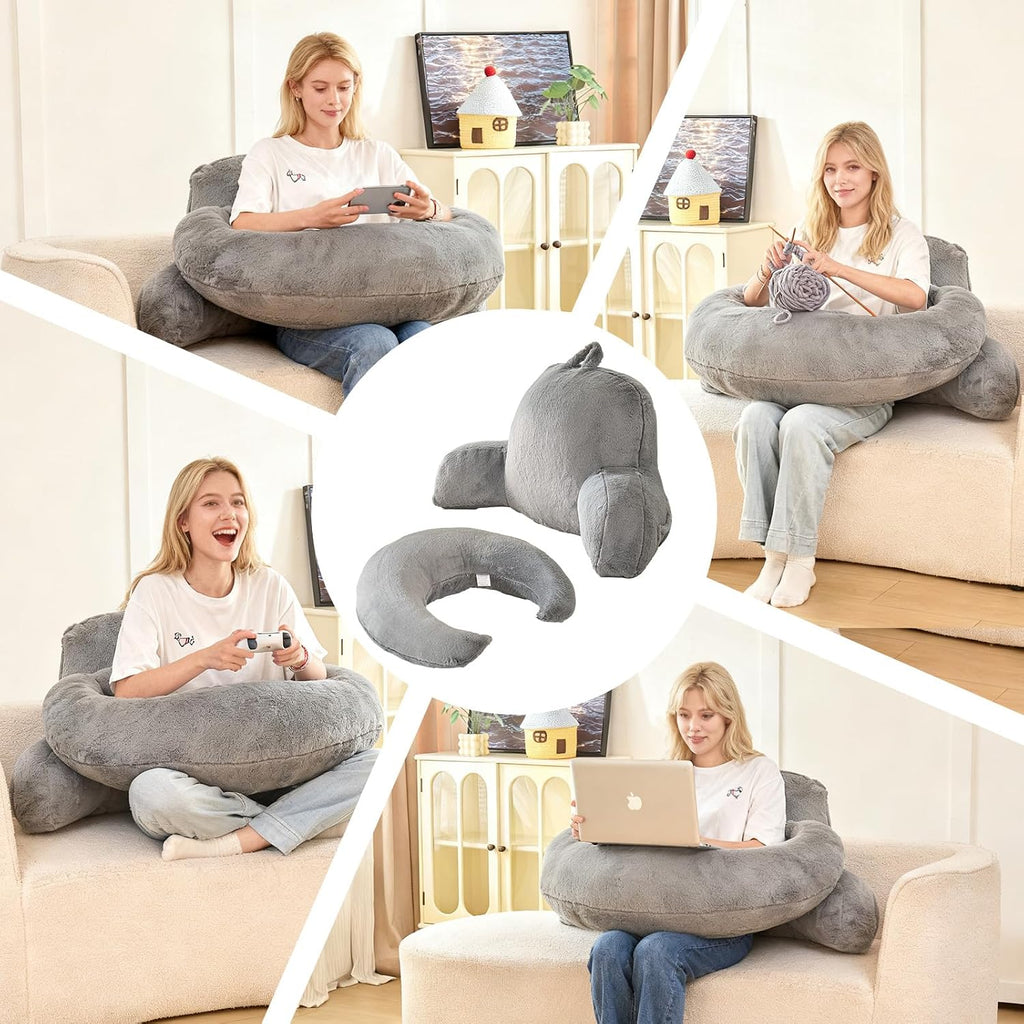 19" Faux Fur Reading Pillow for Bed, U Shaped Support Cushion with Lumbar & Arms, Luxurious Soft Backrest for Gaming, Lounging, Watching…