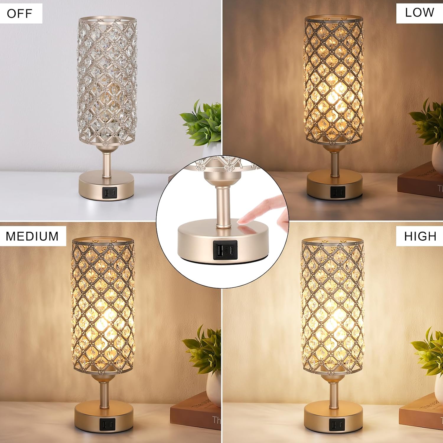 Crystal Table Lamp with USB C+A Ports, 3 Way Dimmable Touch Lamp with Crystal Shade, Champagne Gold Bedside Nightstand Small Lamp for…