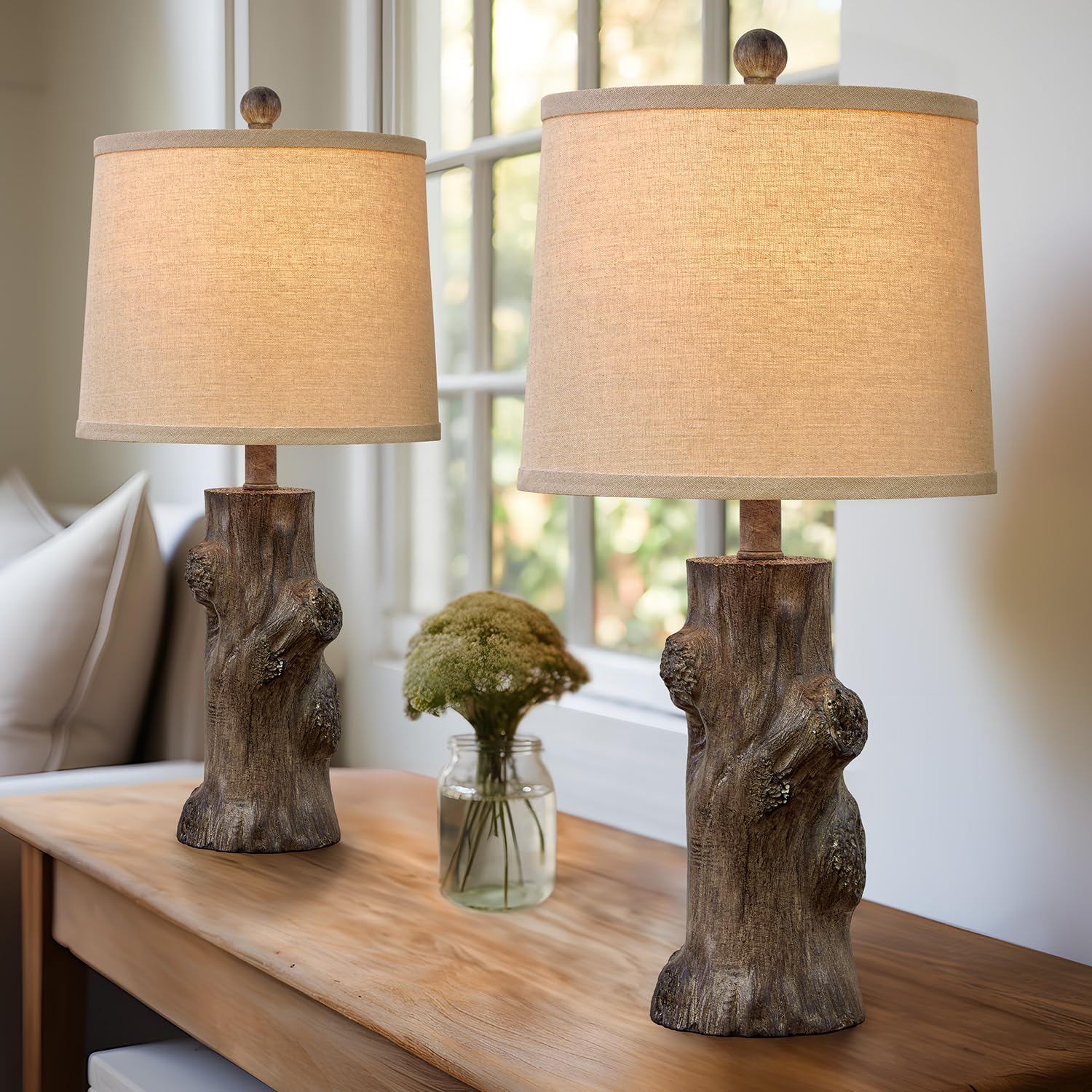 OYEARS 23"Resin Table Lamps for Living Room Set of 2 Country Cottage Farmhouse Lamp for Bedroom Tree Trunk Wood Grain with Oatmeal Fabric…