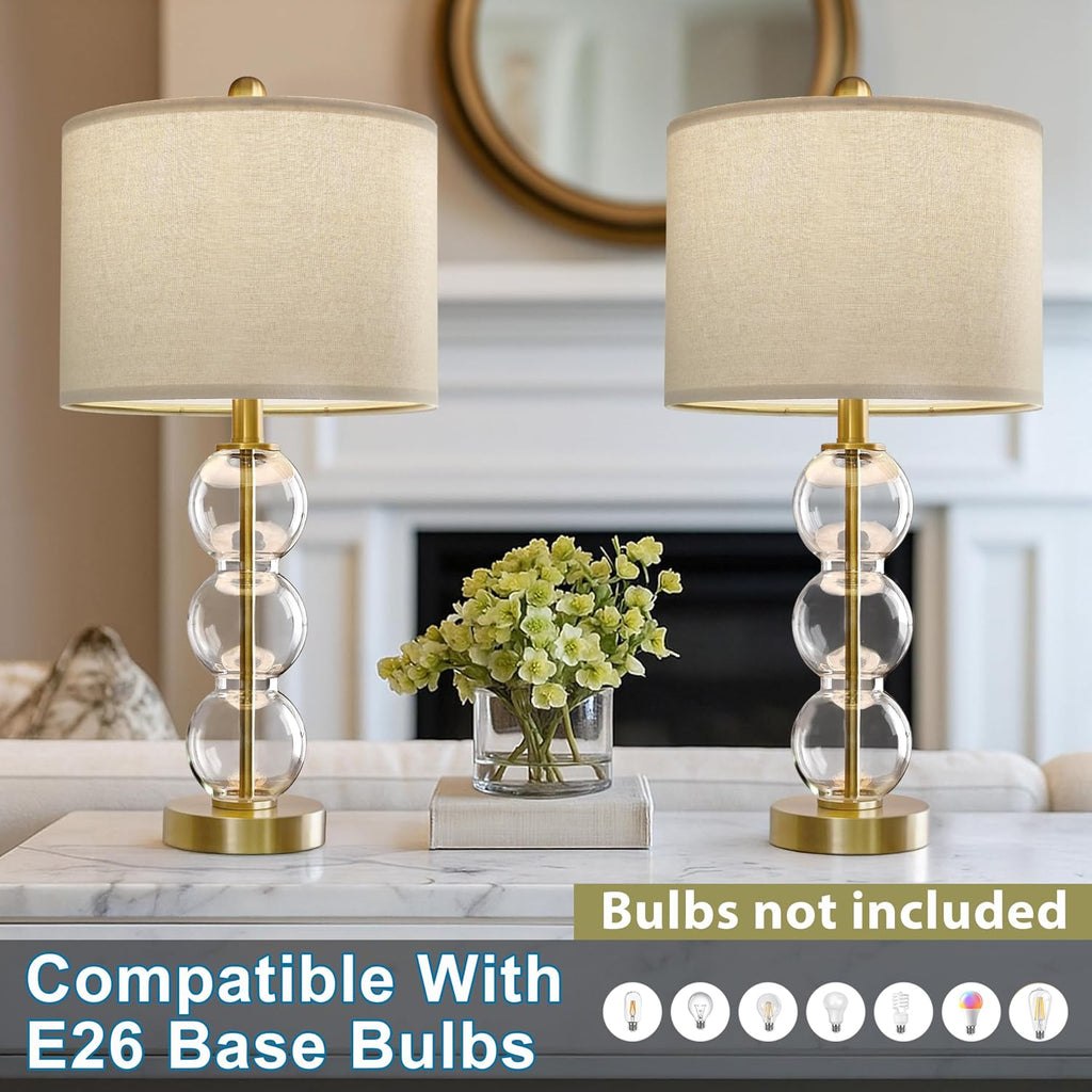 Oneach 25" Glass Table Lamps Set of 2, Gold Modern Table Lamps with USB Ports for Living Room, Linen Shade Bedside Lamps for Bedroom, Night…