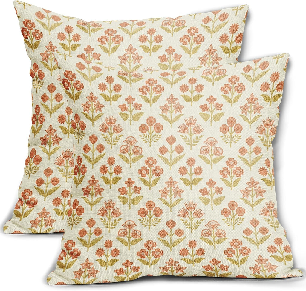 Orange Yellow Floral Block Print Pillow Covers 16x16 Inch Set of 2, Vintage Flower Pattern Decorative Throw Pillowcases Outdoor Farmhouse…