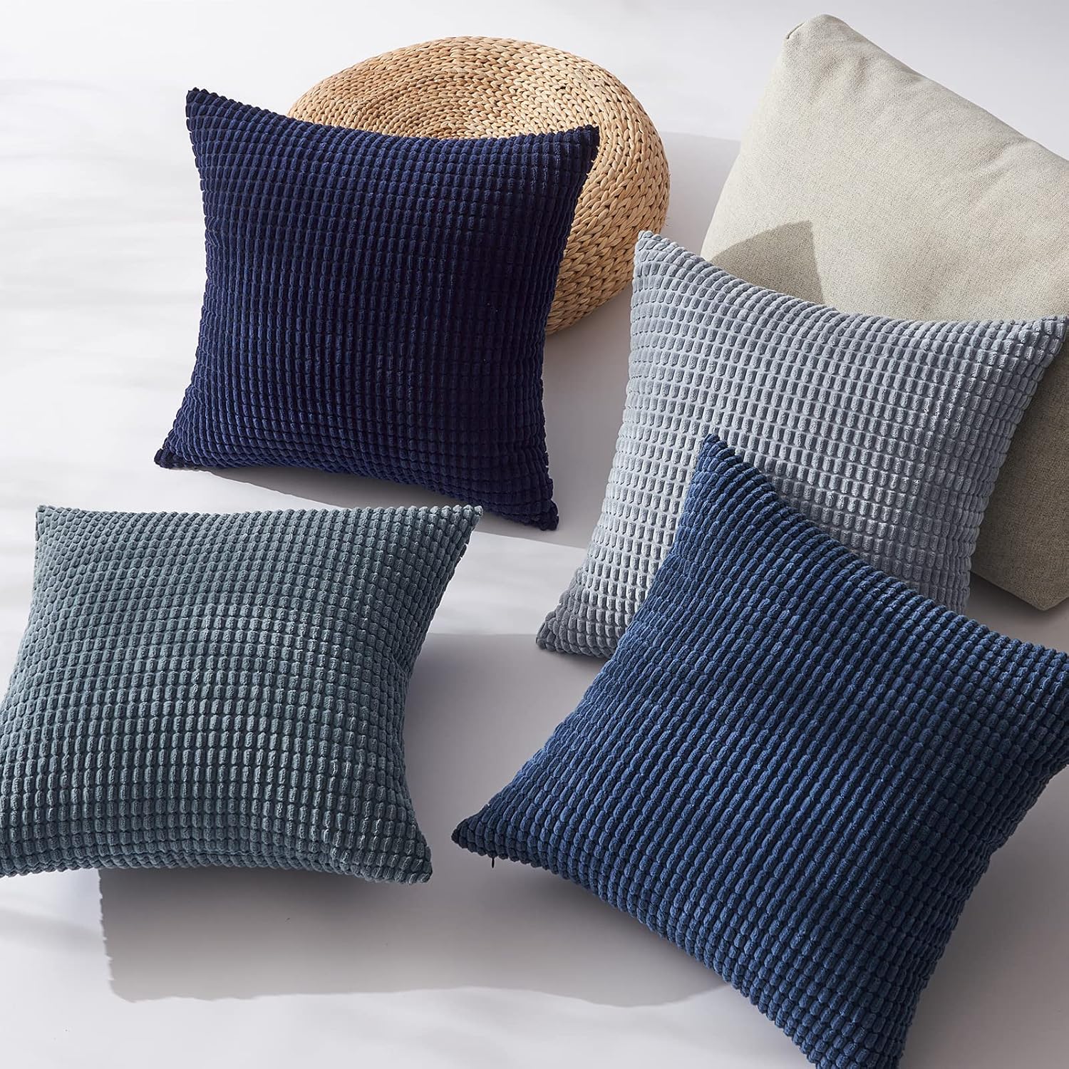 Topfinel Summer Throw Pillow Covers 20x20 Inch Set of 4, Blue Corduroy Decorative Cushion Cover, Modern Unique Pillow for Couch, Sofa, Living R…
