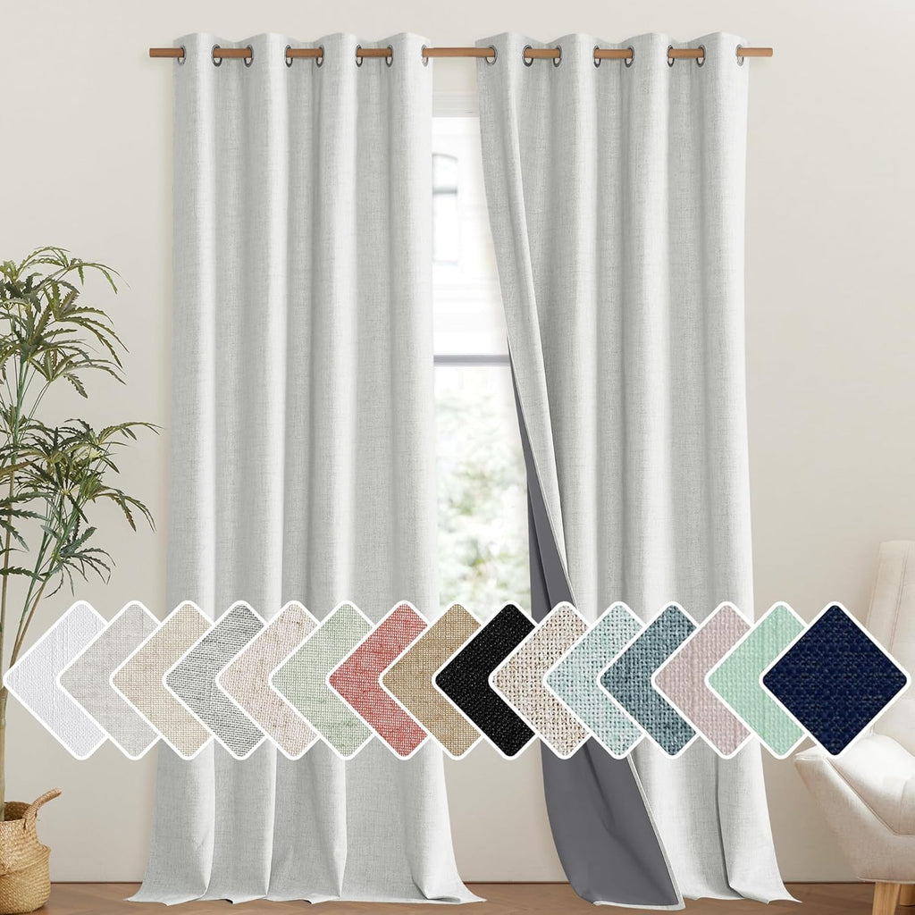 NICETOWN 100% Absolutely Blackout Linen Curtains with Thermal Insulated Liner, Greyish White, 52" Wide, 95" Length Energy Saving Curtains…