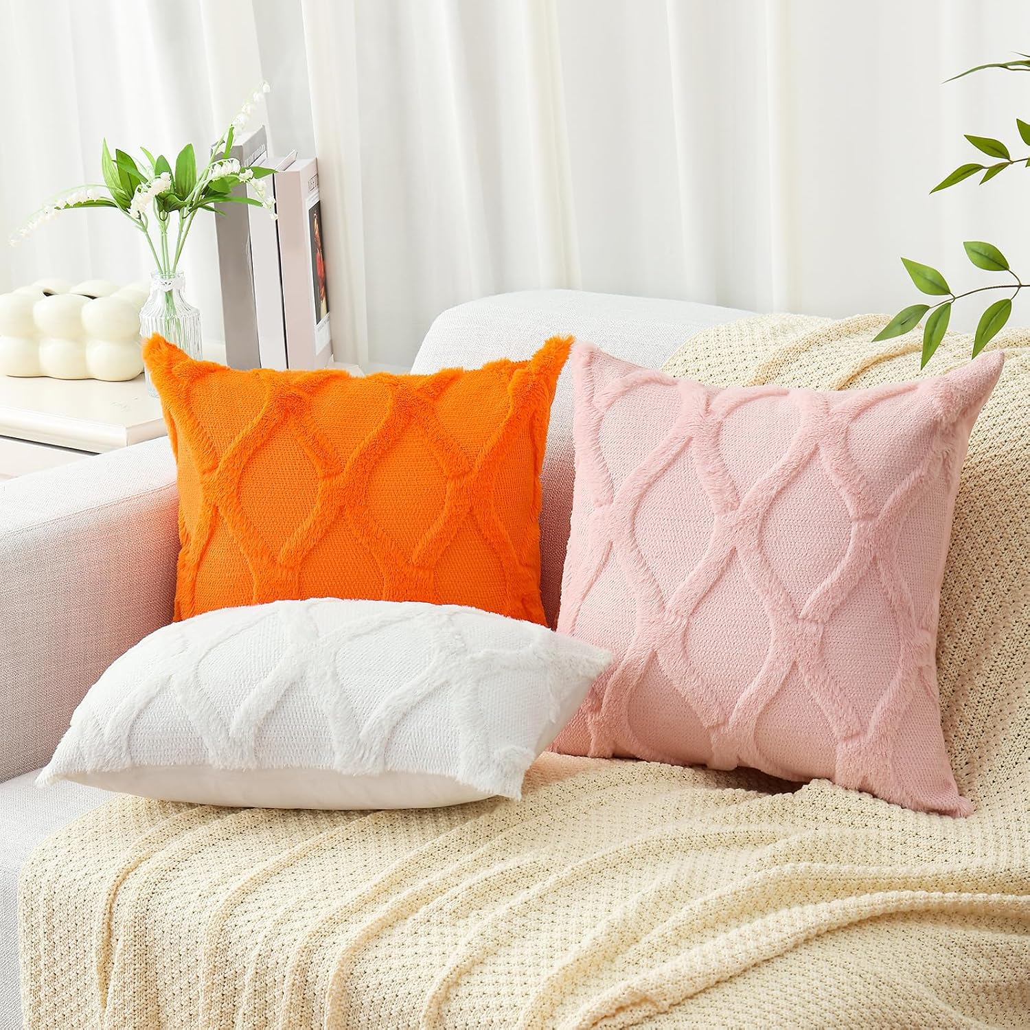 decorUhome Summer Throw Pillow Covers 16x16 Inch Set of 2, Soft Plush Faux Fur Wool Light Pink Accent Couch Pillow Covers for Modern Farmho…