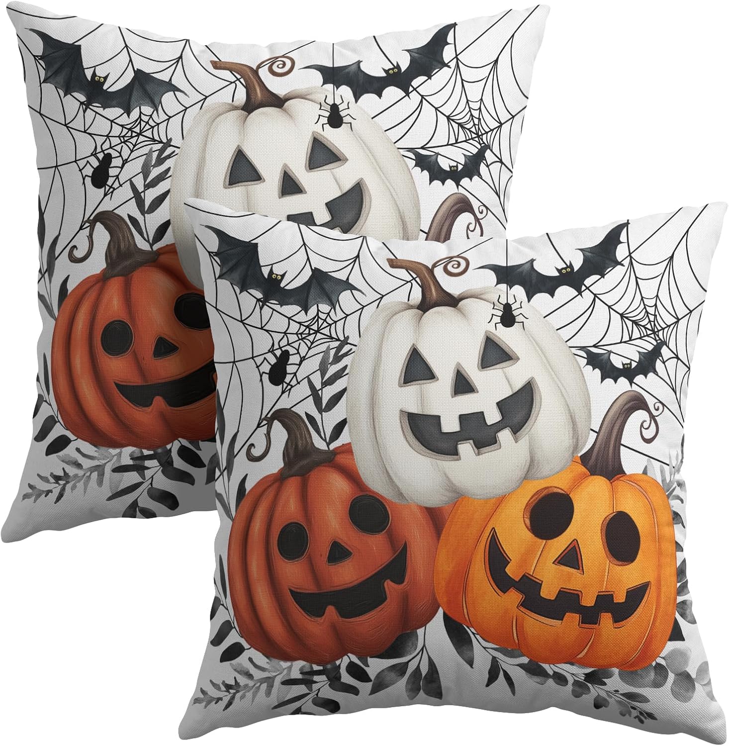 Halloween Pumpkin Throw Pillow Covers 16X16 Inch Pumpkins Jack-O-Lanterns with Black Bat Web Decorative Holiday Pillow Case Cotton Linen…