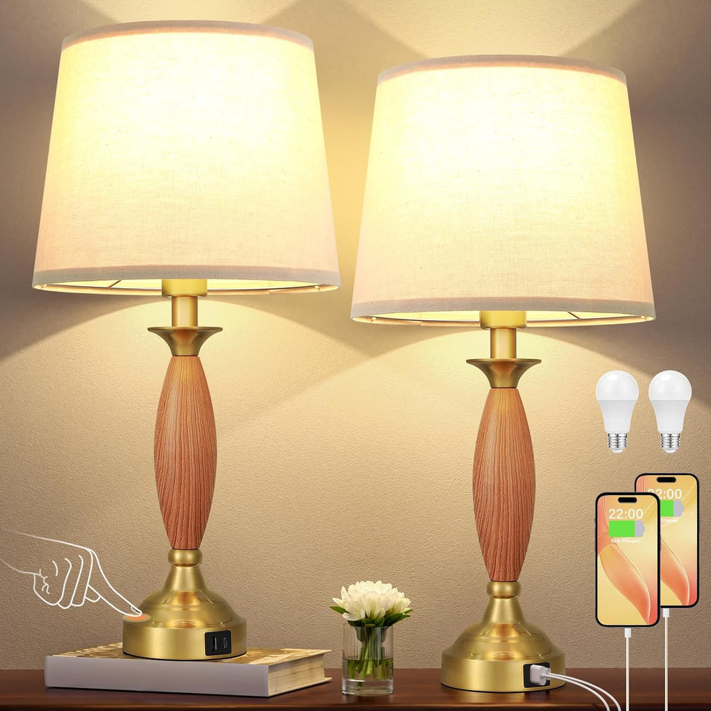 Seealle Touch Lamps for Nightstand - Bedroom Lamps Set of 2 with USB C+A, 3 Way Dimmable Contemporary Metal Wood Table Lamps for Living Room
