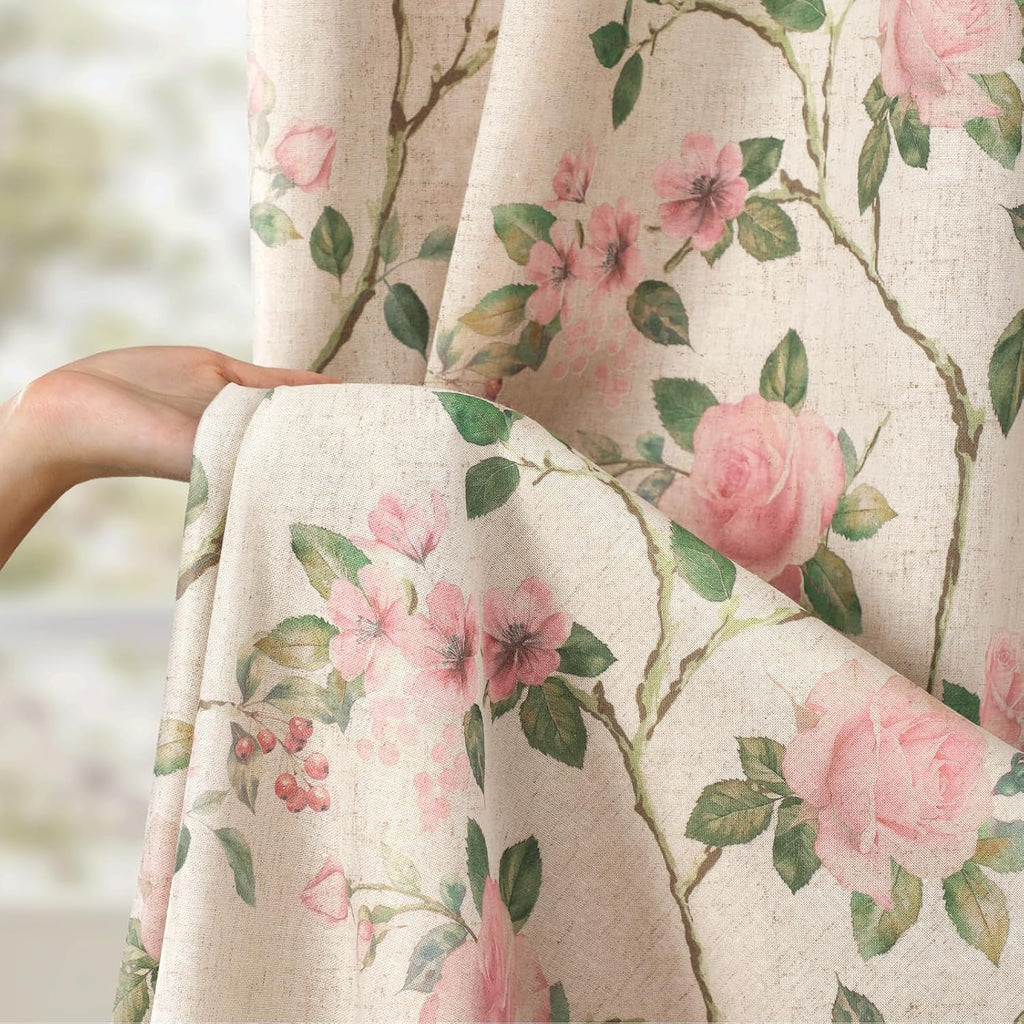 XOGUIBO Vintage Floral Blackout Curtains 84 Inch, 2 Panels Spring Linen Texture Farmhouse Drapes for Living Room Bedroom Printed Flo…