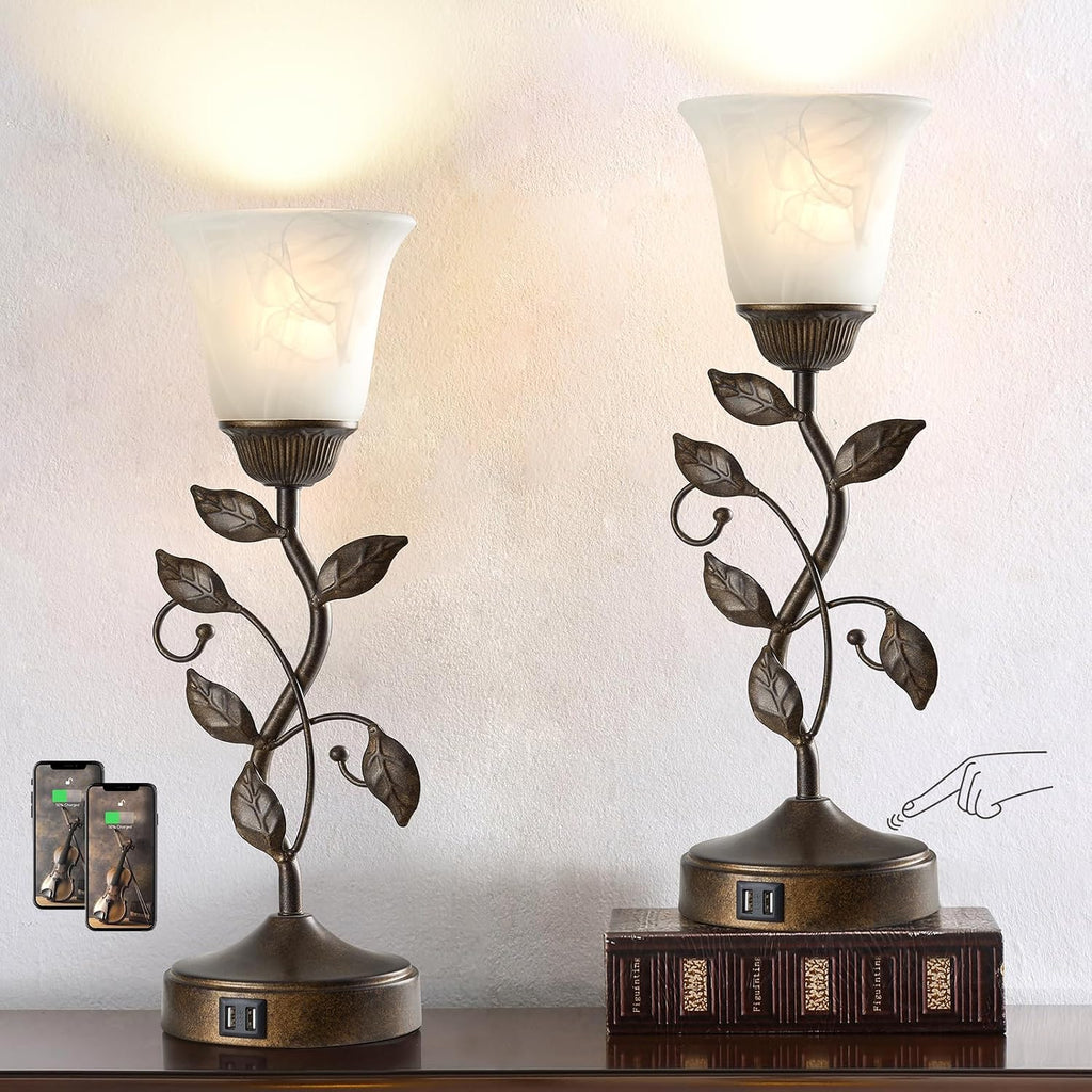 Set of 2 Touch Farmhouse Bedroom Table Lamps, Nightstand Vintage Flower Lamps with 2 USB Ports, 3 Way Dimmable Leaf Lamp for Living Room…
