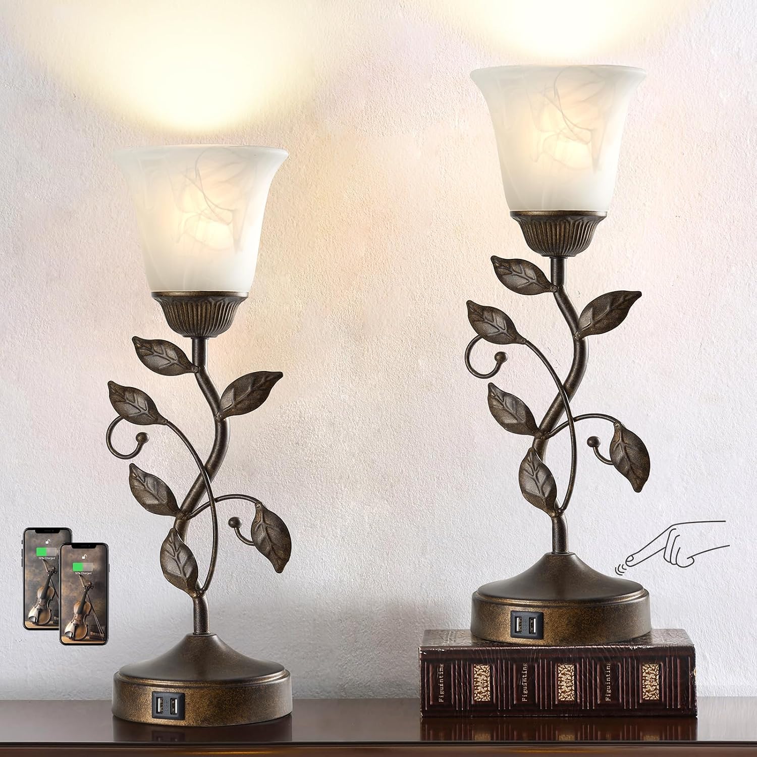 Set of 2 Touch Farmhouse Bedroom Table Lamps, Nightstand Vintage Flower Lamps with 2 USB Ports, 3 Way Dimmable Leaf Lamp for Living Room…