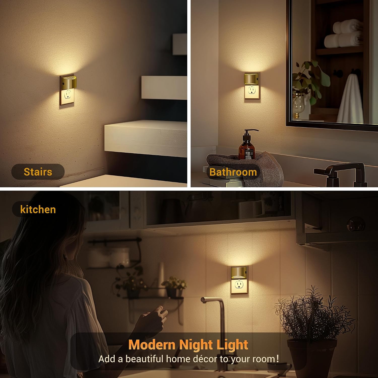 JandCase LED Night Lights Plug into Wall, 2 Pack Gold Modern Night Lights, Dusk to Dawn Sensor Nightlight,0-100LM Brightness Adjustable…