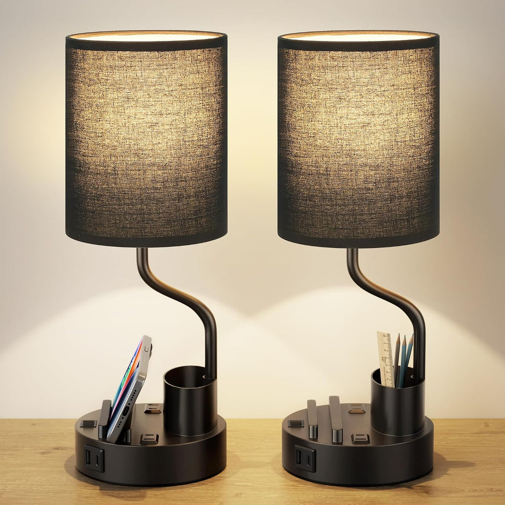Black Bedside Table Lamps for Bedroom Set of 2 - Nightstand Light with AC Outlet and USB A & C for Charging, 3 Color Temperatures Desk…