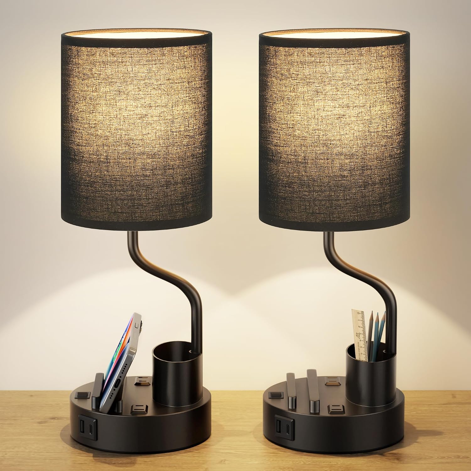 Black Bedside Table Lamps for Bedroom Set of 2 - Nightstand Light with AC Outlet and USB A & C for Charging, 3 Color Temperatures Desk…
