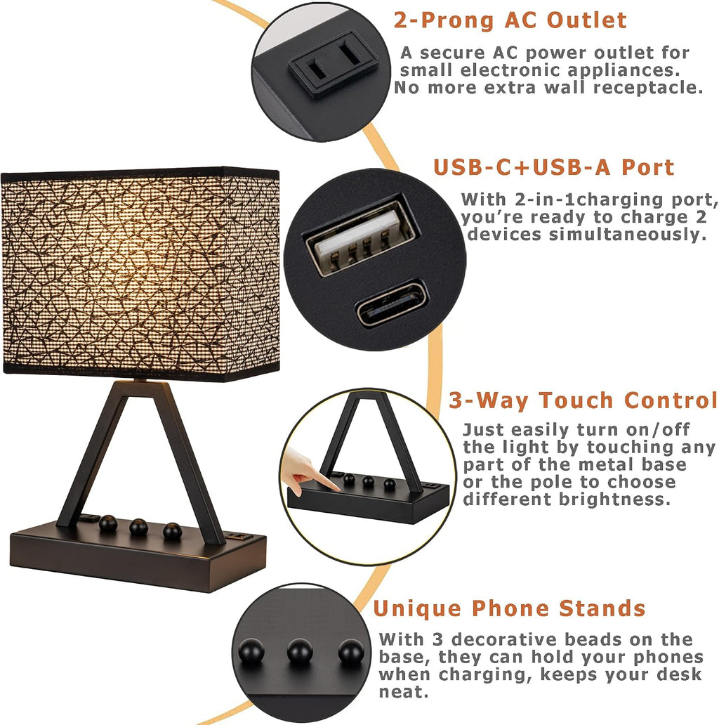 Briever Touch Control Table Lamp, 3-Way Dimmable Desk Lamp with USB C & A and AC Outlet, Bedside Lamp with Phone Stands for Bedroom, Living…