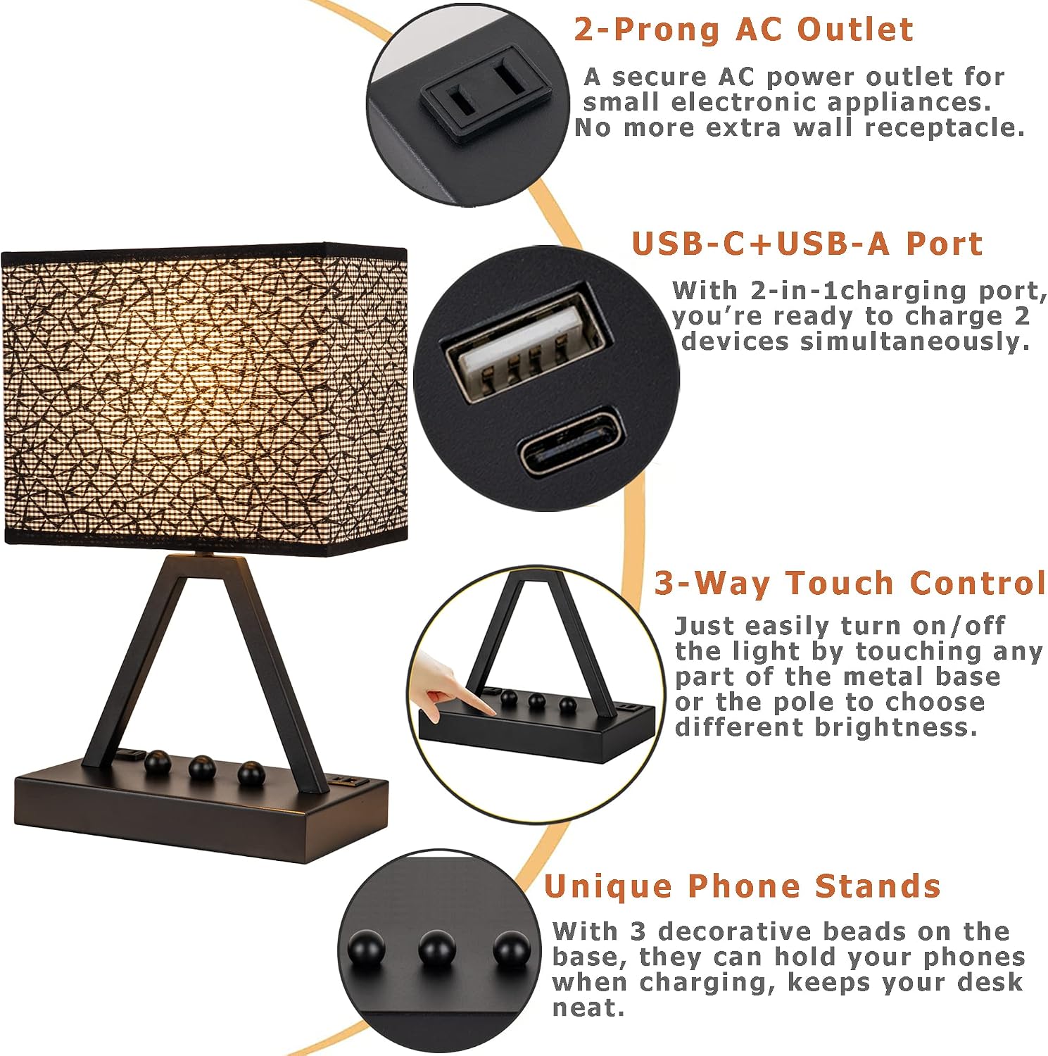 Briever Touch Control Table Lamp, 3-Way Dimmable Desk Lamp with USB C & A and AC Outlet, Bedside Lamp with Phone Stands for Bedroom, Living…