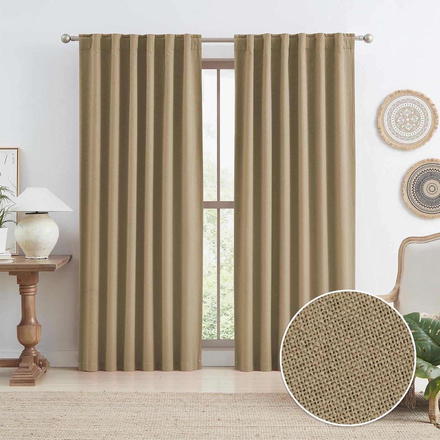Keqiaosuocai Farmhouse Curtains for Living Room 84 Inch Length, Blackout Thick Heavy-Duty Linen Textured Curtain Drapes Country Decor Rusti…