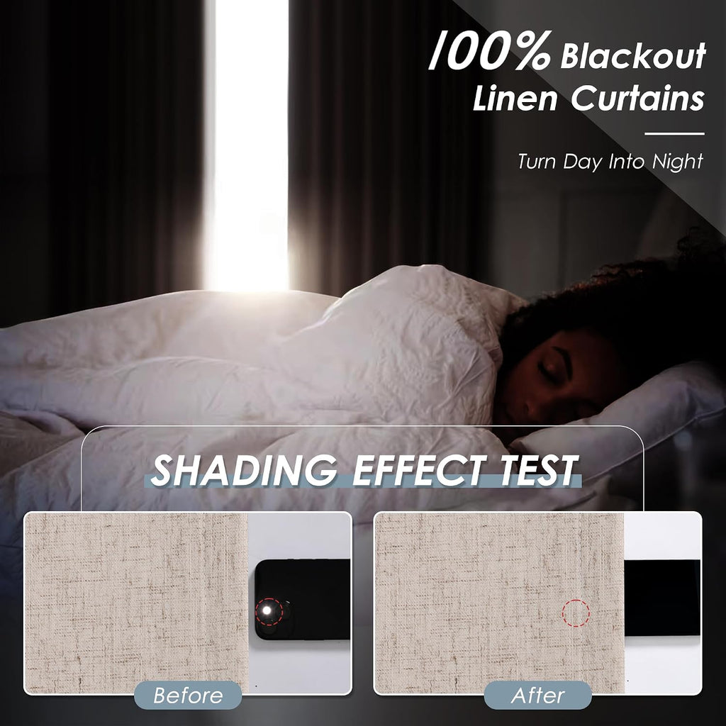 Nanspring Oatmeal 100% Blackout Linen Curtains 96 Inches Long for Bedroom Back Tab Thermal Insulated Neutral Modern Farmhouse Decor Black O…