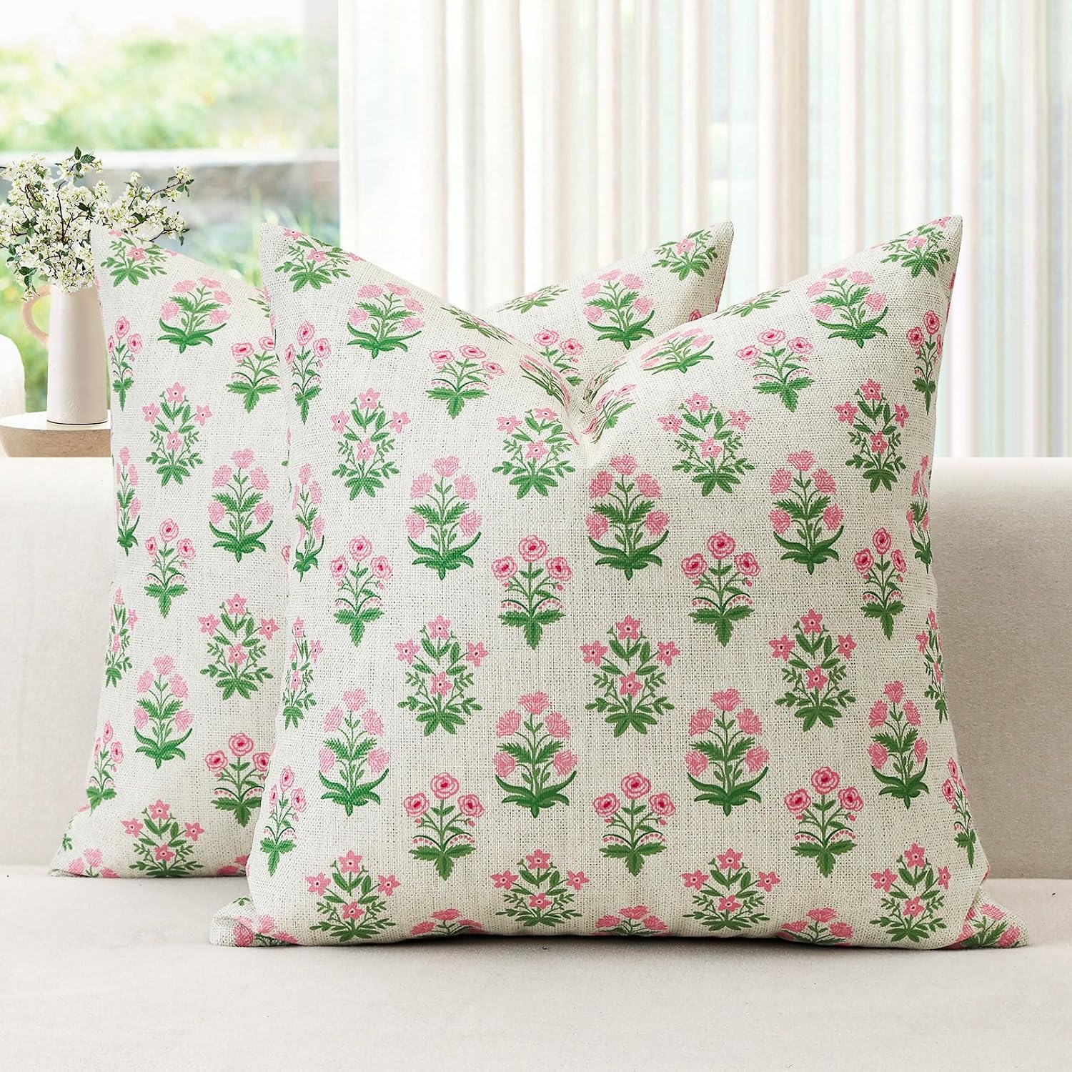 OTOSTAR Floral Print Pillow Covers 16x16 Inch Pack of 2 Double-Sided Pink Green Flower Square Throw Pillow Covers Farmhouse Rustic…