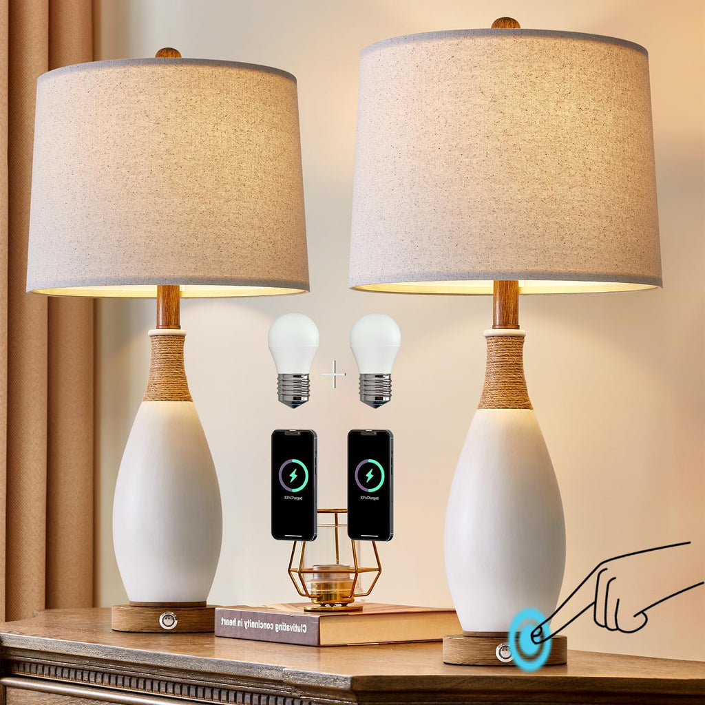 OYEARS 24.5” 3-Way Dimmable Touch Control Bedside Table Lamp Set of 2 with USB and Type-C Charging Ports Modern Farmhouse Nightstand Lamp…